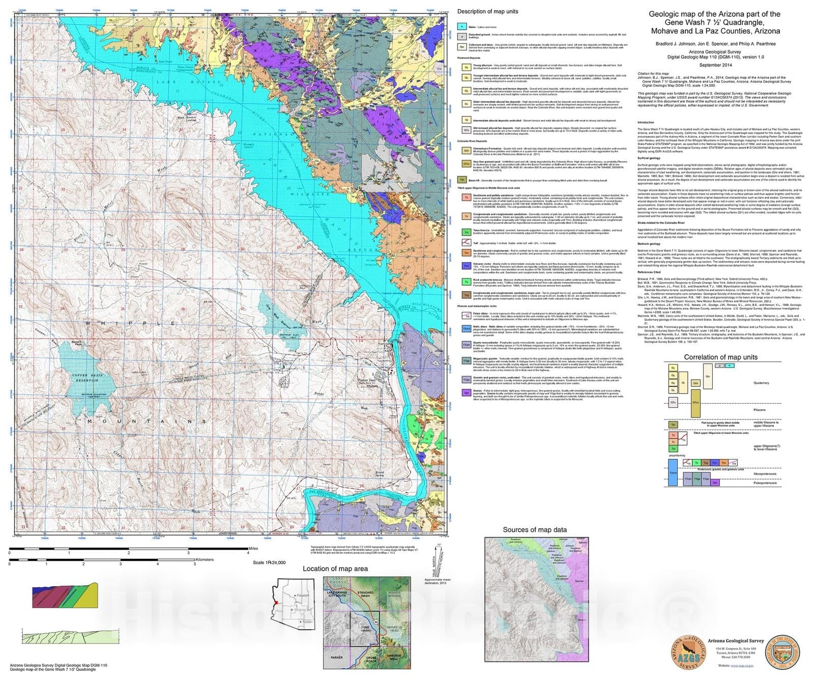 Map : Geologic map of the Arizona part of the Gene Wash seven 1/2' Quadrangle, Mohave and La Paz Counties, Arizona, 2015 Cartography Wall Art :