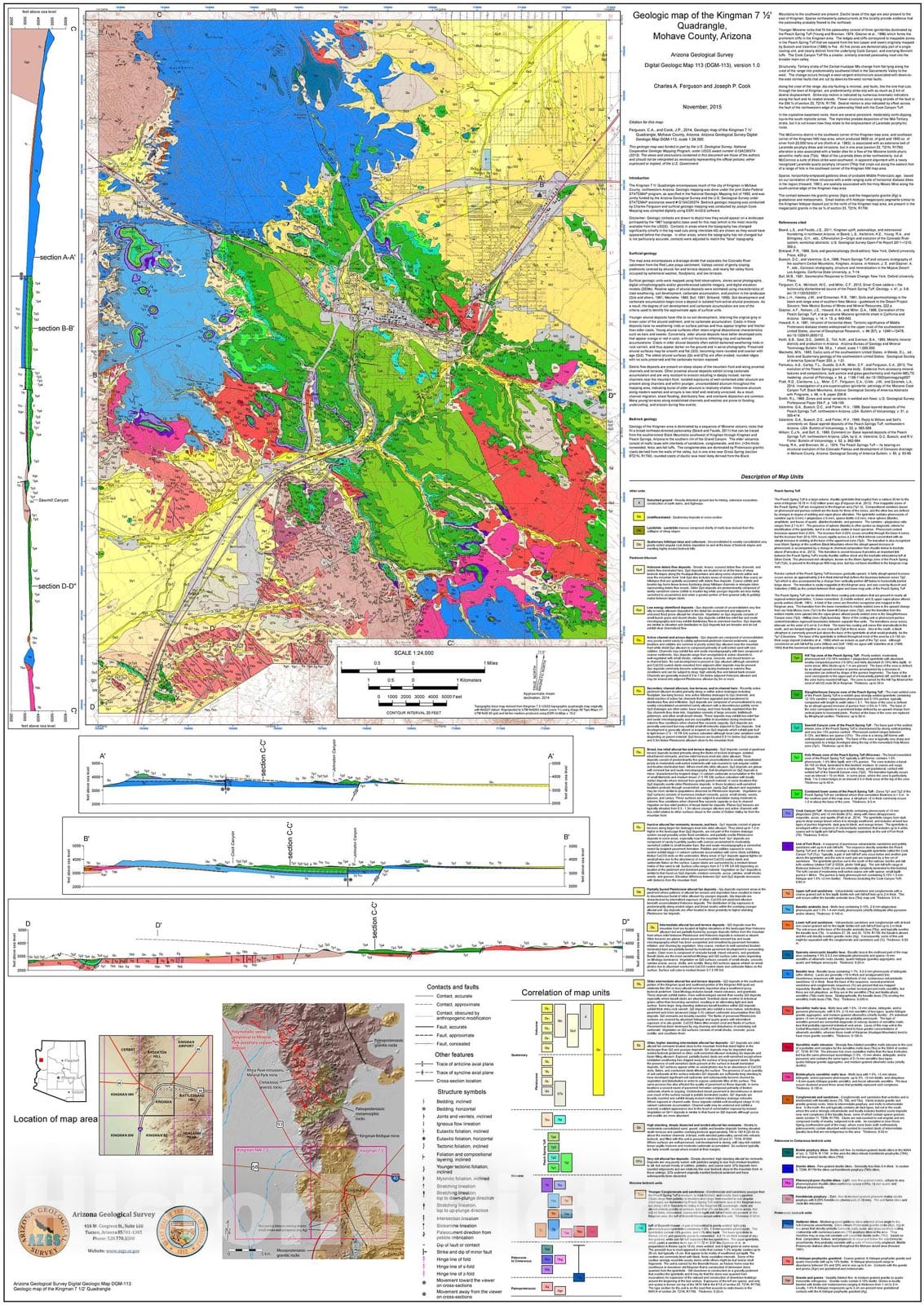 Map : Geologic map of the Kingman seven 1/2' Quadrangle, Mohave County, Arizona, 2015 Cartography Wall Art :