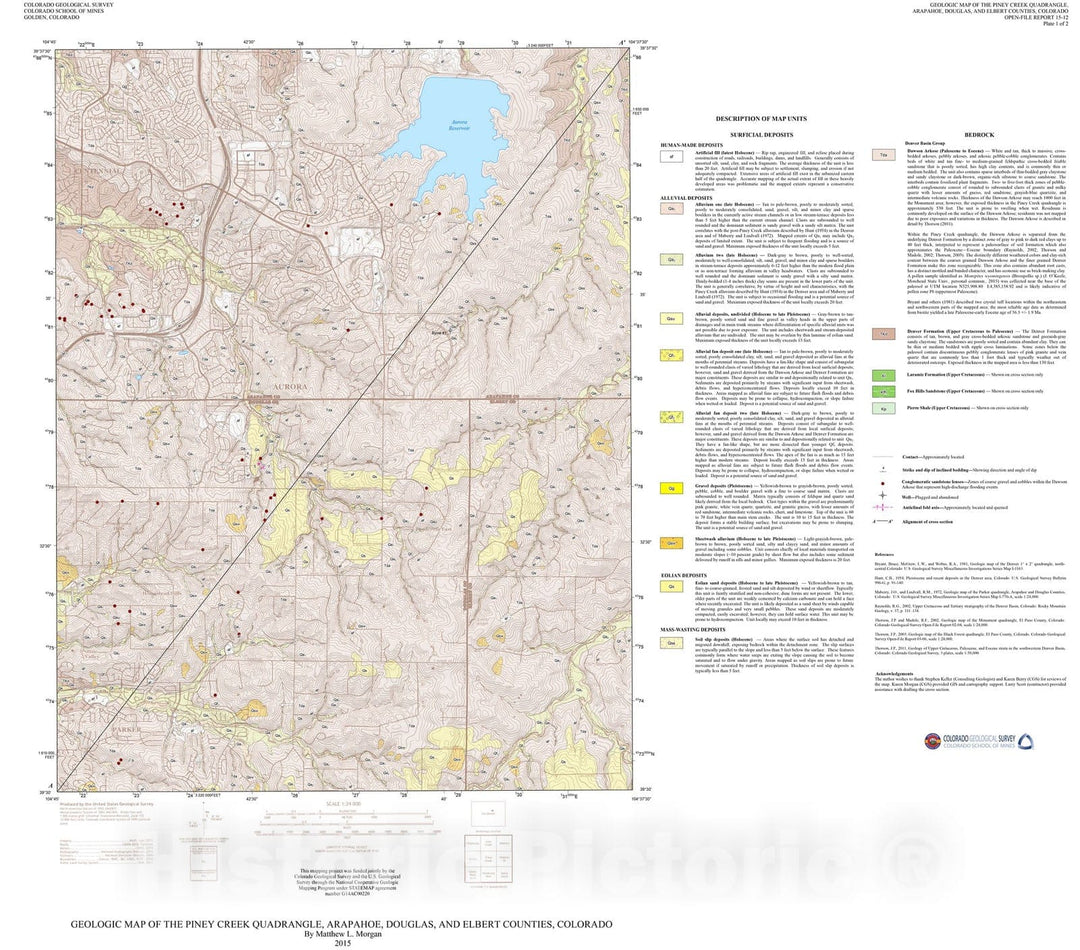 Map : Geologic Map of the Piney Creek Quadrangle, Arapahoe, Douglas, and Elbert Counties, Colorado, 2015 Cartography Wall Art :