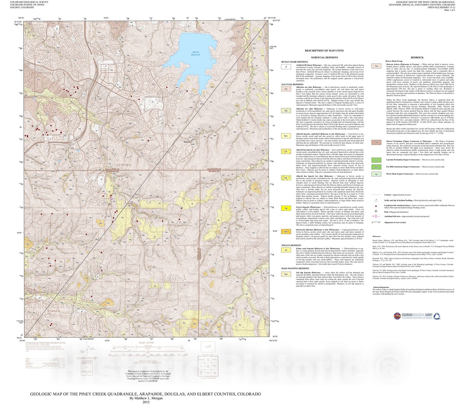 Map : Geologic Map of the Piney Creek Quadrangle, Arapahoe, Douglas, and Elbert Counties, Colorado, 2015 Cartography Wall Art :