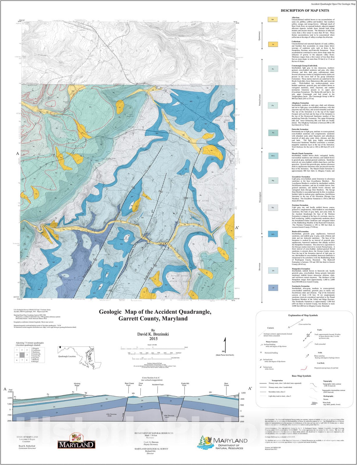 Map : Geologic map of the Accident quadrangle, Garrett County, Maryland, 2015 Cartography Wall Art :