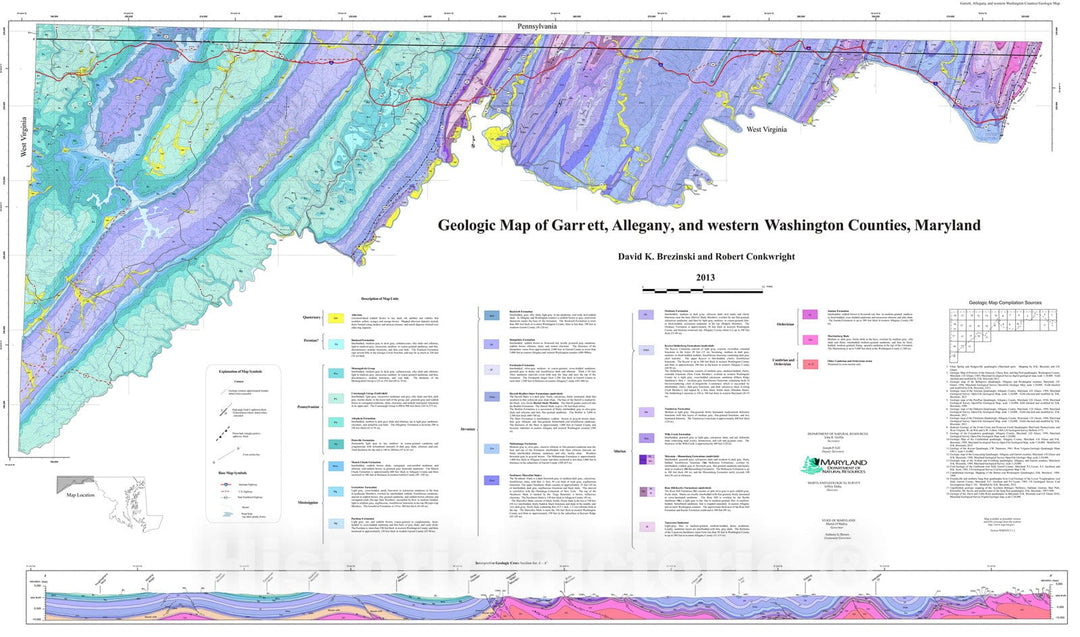 Map : Geologic map of Garrett, Allegany, and western Washington counties, Maryland, 2013 Cartography Wall Art :