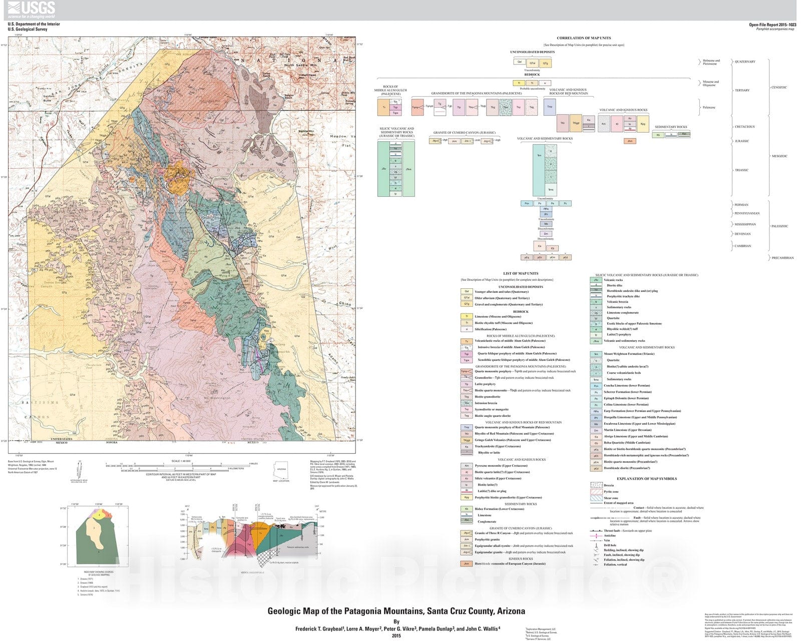 Map : Geologic map of the Patagonia Mountains, Santa Cruz County, Arizona, 2015 Cartography Wall Art :