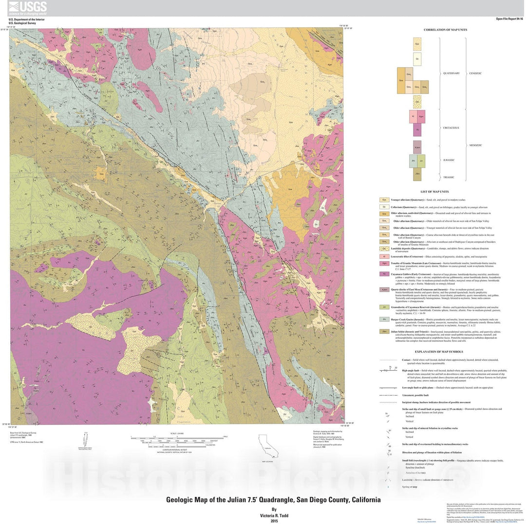 Map : Geologic map of the Julian 7.5' quadrangle, San Diego County, California, 2015 Cartography Wall Art :