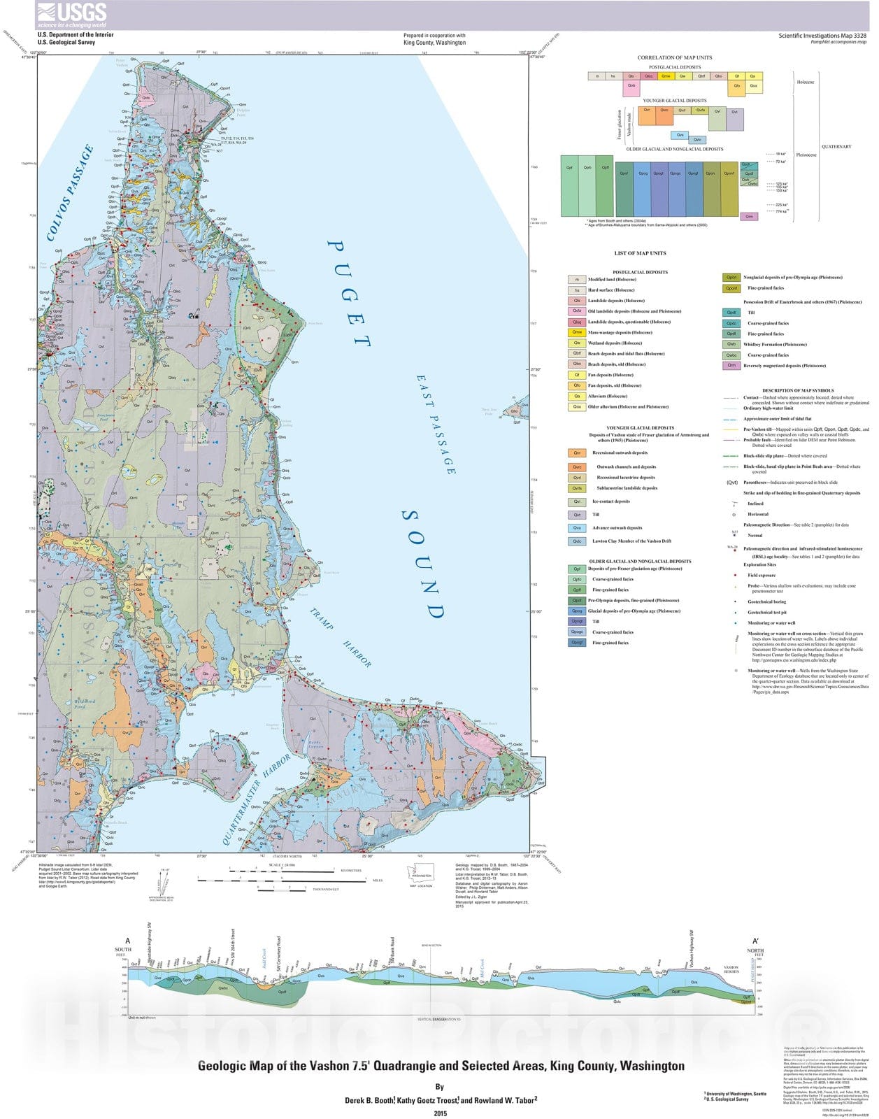 Map : Geologic map of the Vashon 7.5' quadrangle and selected areas, King County, Washington, 2015 Cartography Wall Art :