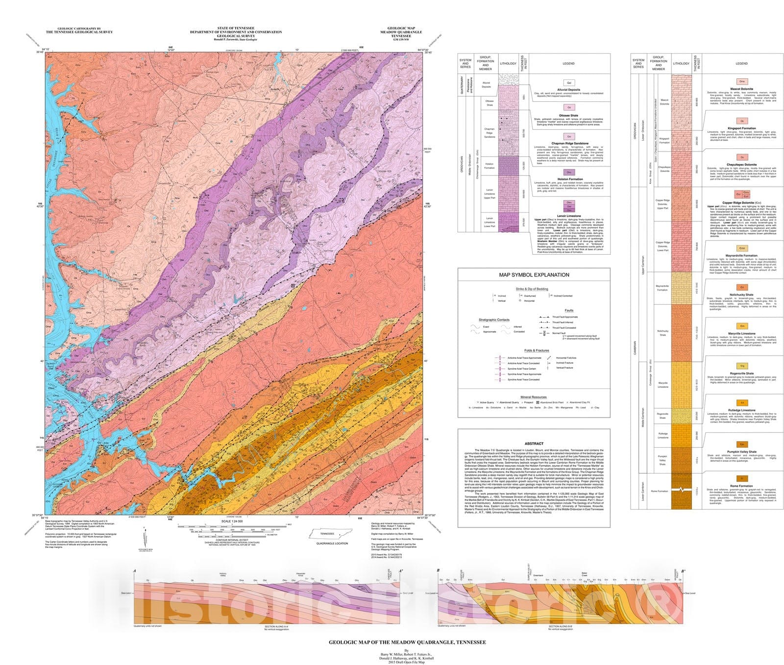 Map : Geologic map of the Meadow quadrangle, Tennessee, 2015 Cartography Wall Art :