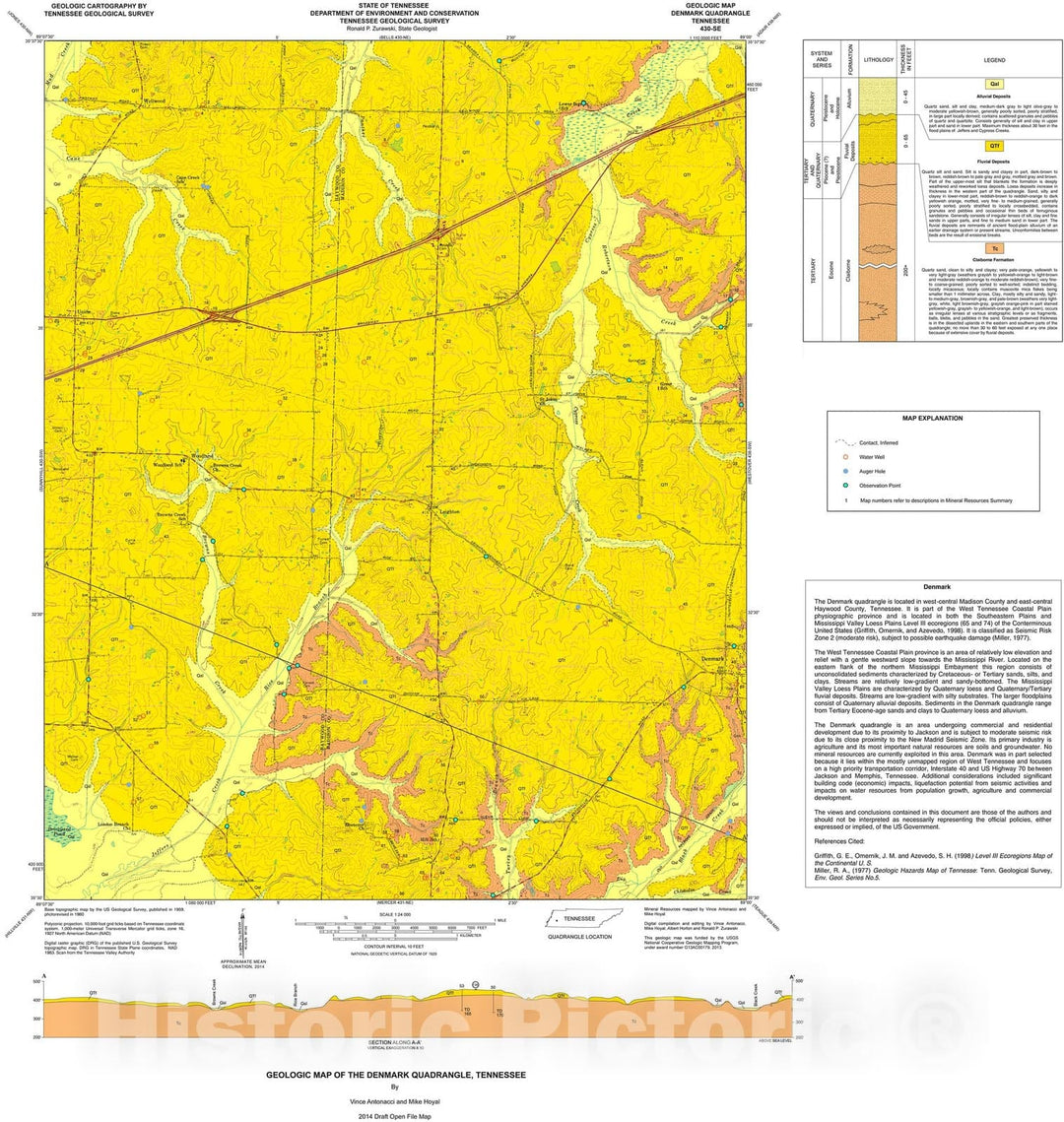 Map : Geologic map of the Denmark quadrangle, Tennessee, 2014 Cartography Wall Art :