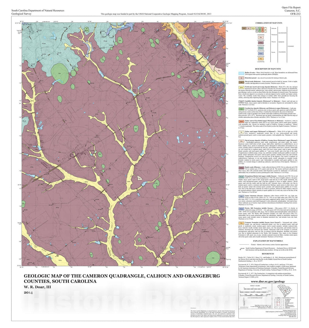 Map : Geologic map of the Cameron quadrangle, Calhoun and Orangeburg Counties, South Carolina, 2014 Cartography Wall Art :