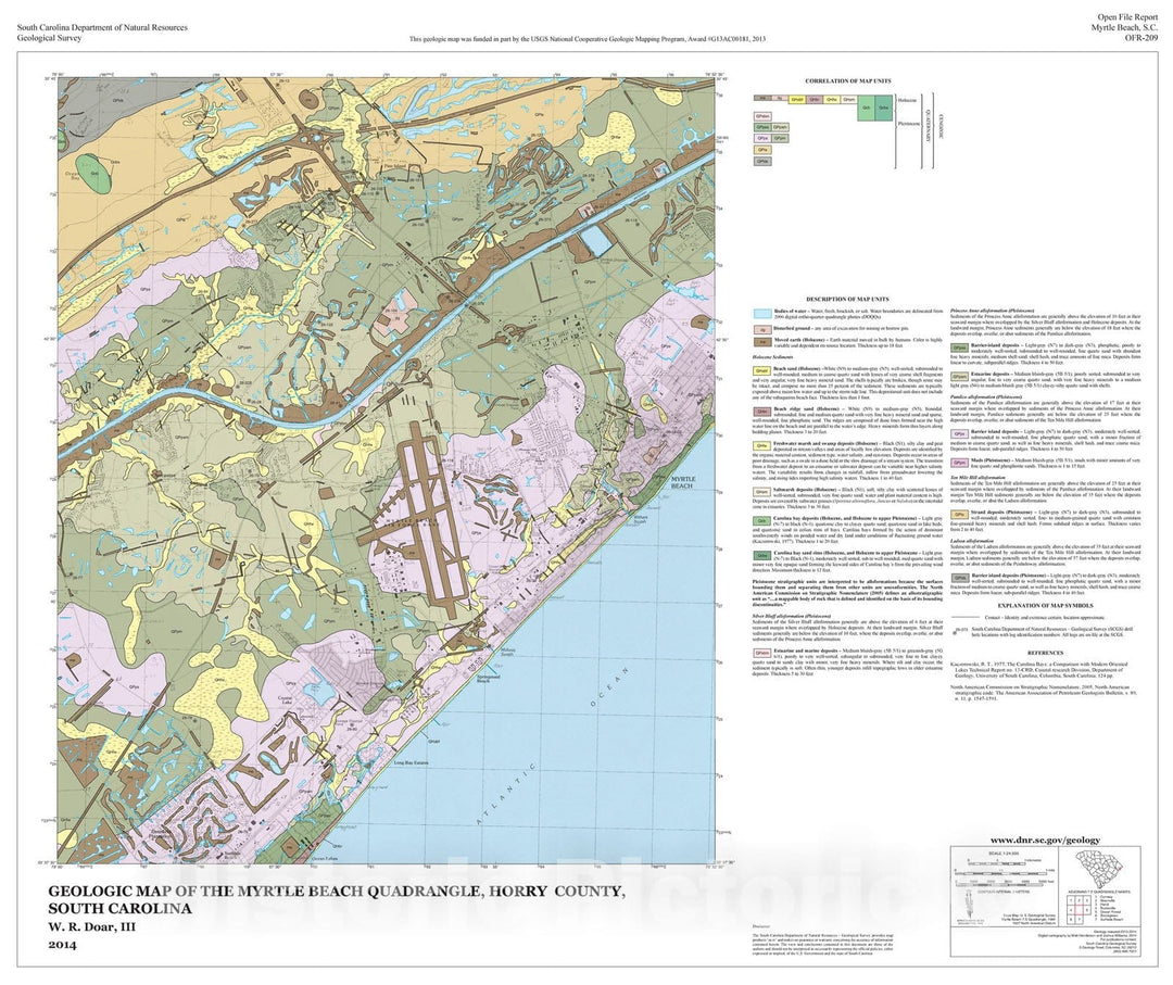 Map : Geologic map of the Myrtle Beach quadrangle, Horry County, South Carolina, 2014 Cartography Wall Art :