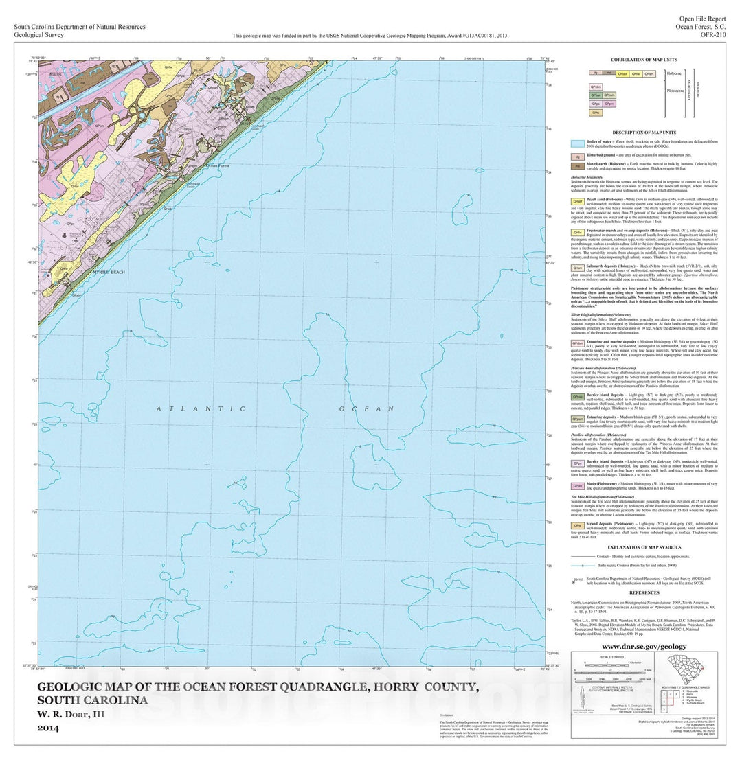 Map : Geologic map of the Ocean Forest quadrangle, Horry County, South Carolina, 2014 Cartography Wall Art :