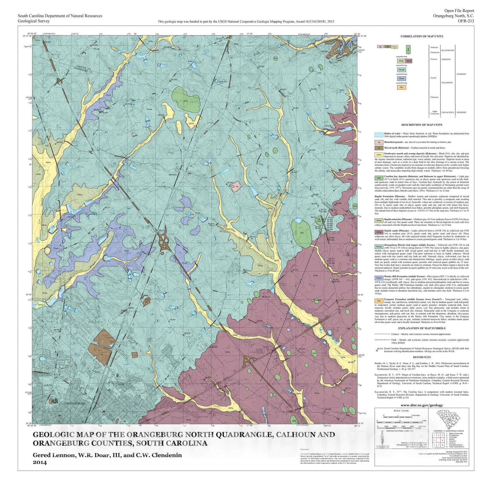 Map : Geologic map of the Orangeburg North quadrangle, Calhoun and Orangeburg Counties, South Carolina, 2014 Cartography Wall Art :