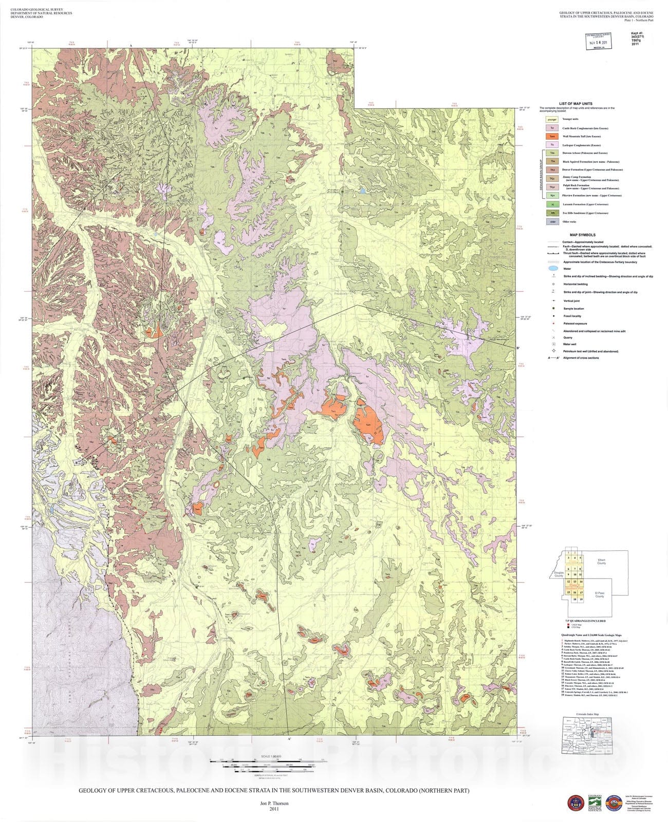 Map : Geology of Upper Cretaceous, Paleocene and Eocene strata in the southwestern Denver Basin, Colorado, 2011 Cartography Wall Art :