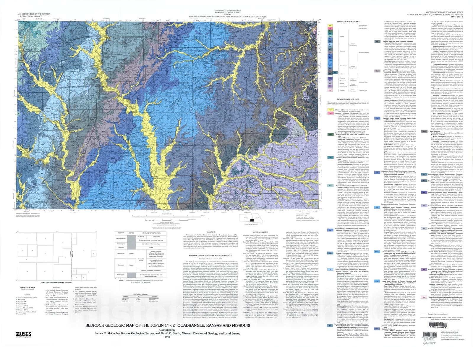 Map : Bedrock geologic map of the Joplin one degree x two degrees quadrangle, Kansas and Missouri, one998 Cartography Wall Art :