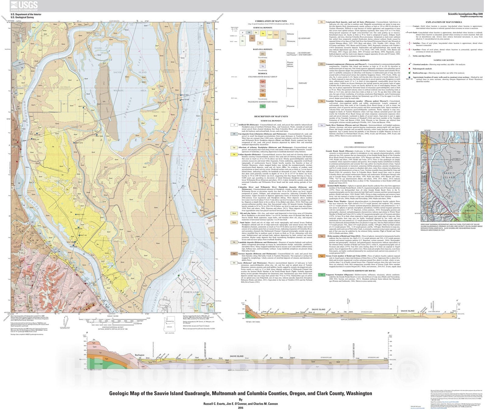 Map : Geologic map of the Sauvie Island quadrangle, Multnomah and Columbia Counties, Oregon, and Clark County, Washington, 2016 Cartography Wall Art :