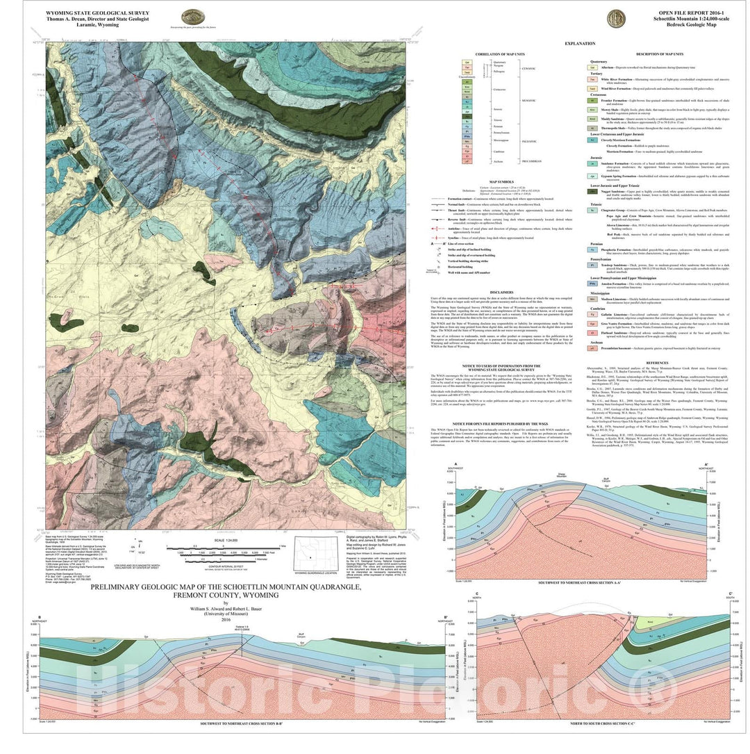 Map : Preliminary Geologic Map of the Schoettlin Mountain Quadrangle, Fremont County, Wyoming, 2016 Cartography Wall Art :