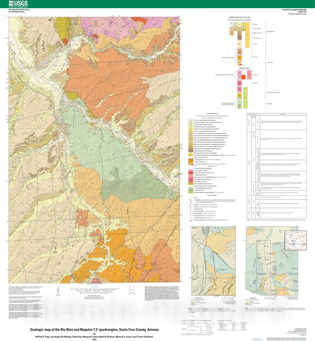 Map : Geologic map of the Rio Rico and Nogales 7.5' quadrangles, Santa Cruz County, Arizona, 2016 Cartography Wall Art :