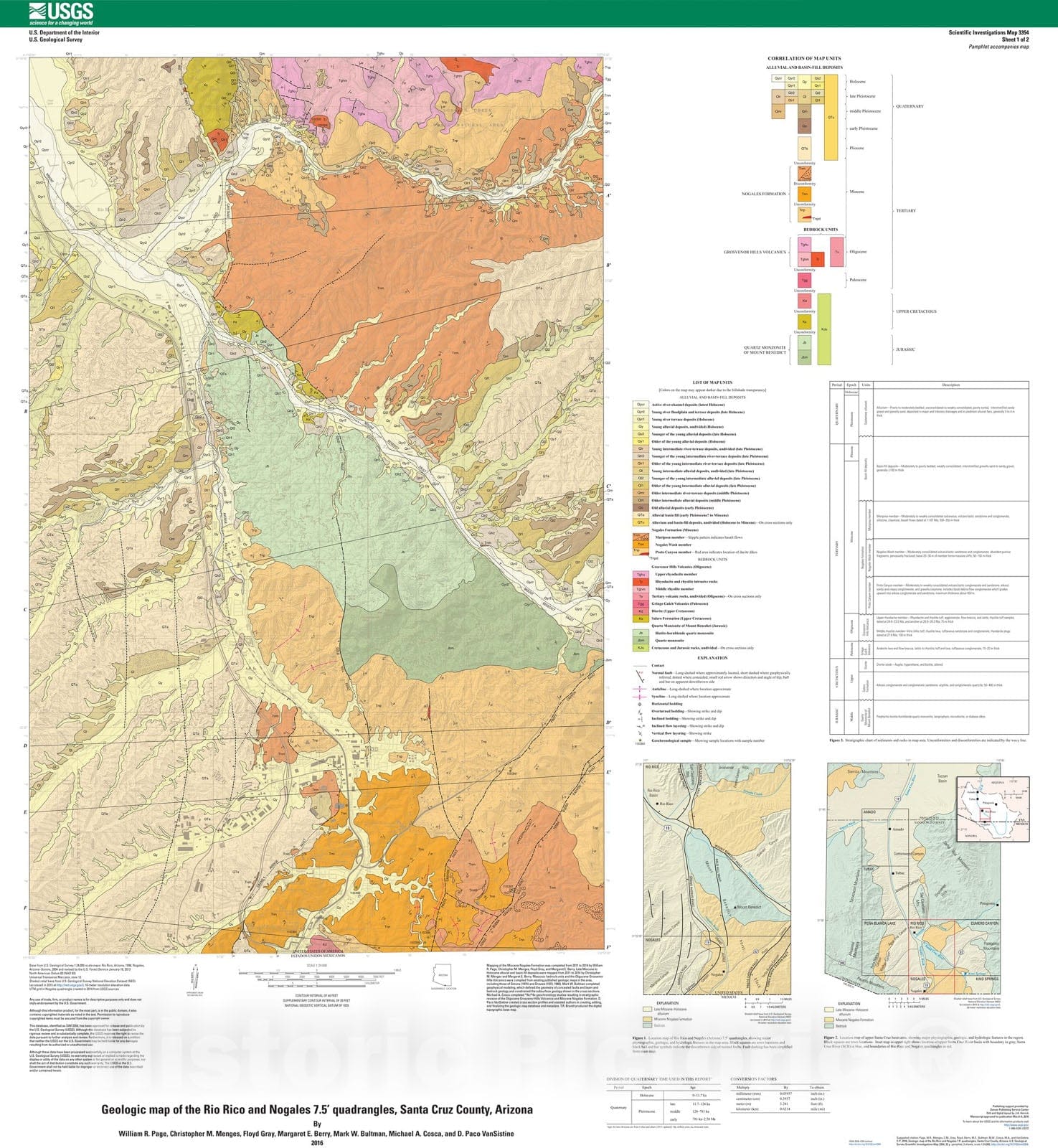 Map : Geologic map of the Rio Rico and Nogales 7.5' quadrangles, Santa Cruz County, Arizona, 2016 Cartography Wall Art :