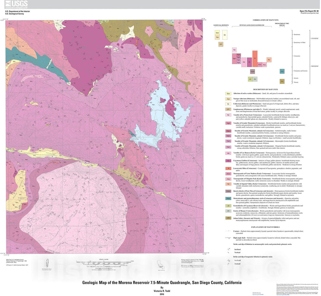 Map : Geologic map of the Morena Reservoir 7.5-minute quadrangle, San Diego County, California, 2016 Cartography Wall Art :