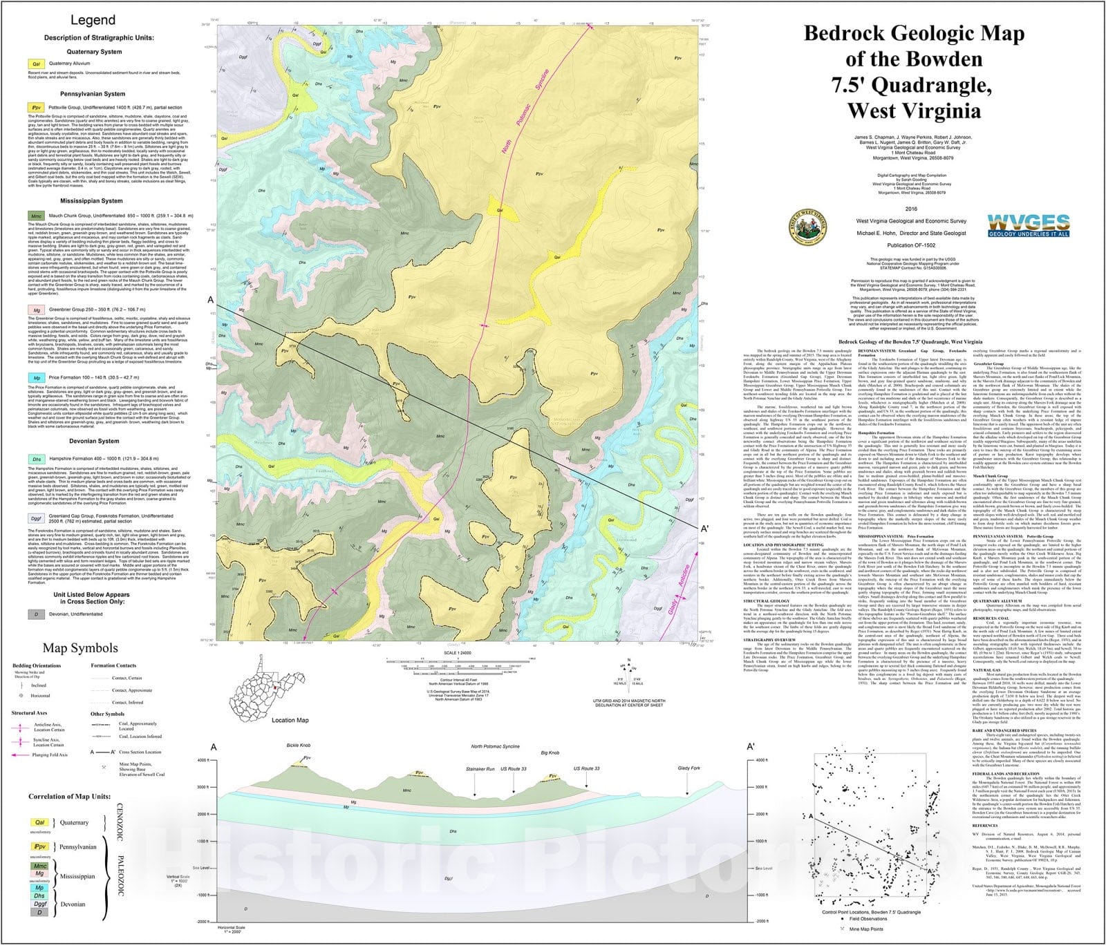 Map : Bedrock geologic map of the Bowden 7.5' quadrangle, West Virginia, 2016 Cartography Wall Art :