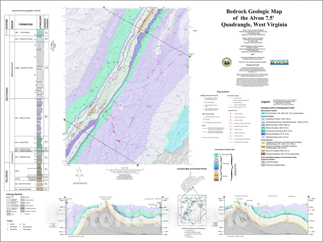 Map : Bedrock geologic map of the Alvon 7.5' quadrangle, West Virginia, 2016 Cartography Wall Art :