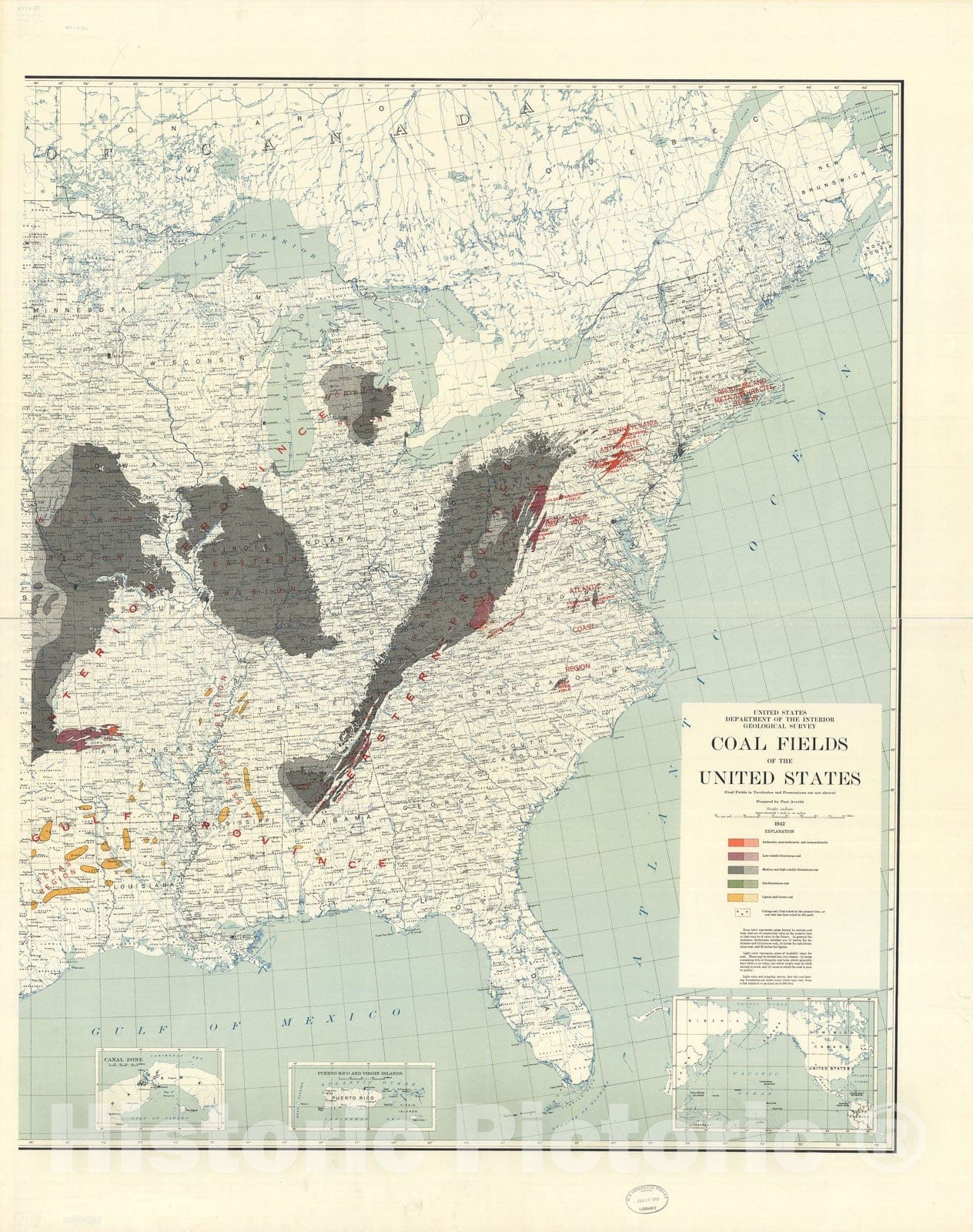 Map : Coal fields of the United States, 1942 Cartography Wall Art :