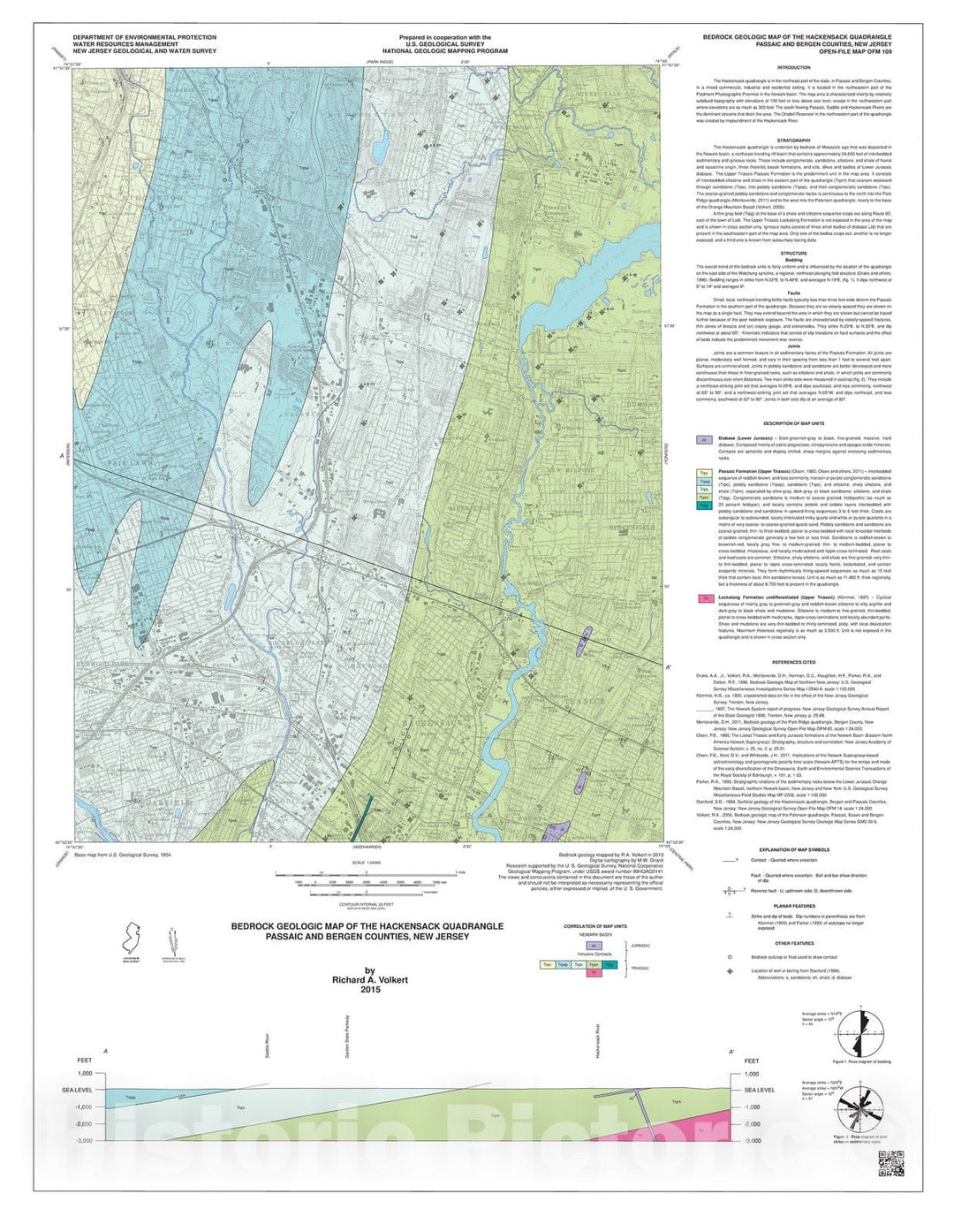 Map : Bedrock geologic map of the Hackensack quadrangle, Passaic and Bergen counties, New Jersey, 2015 Cartography Wall Art :