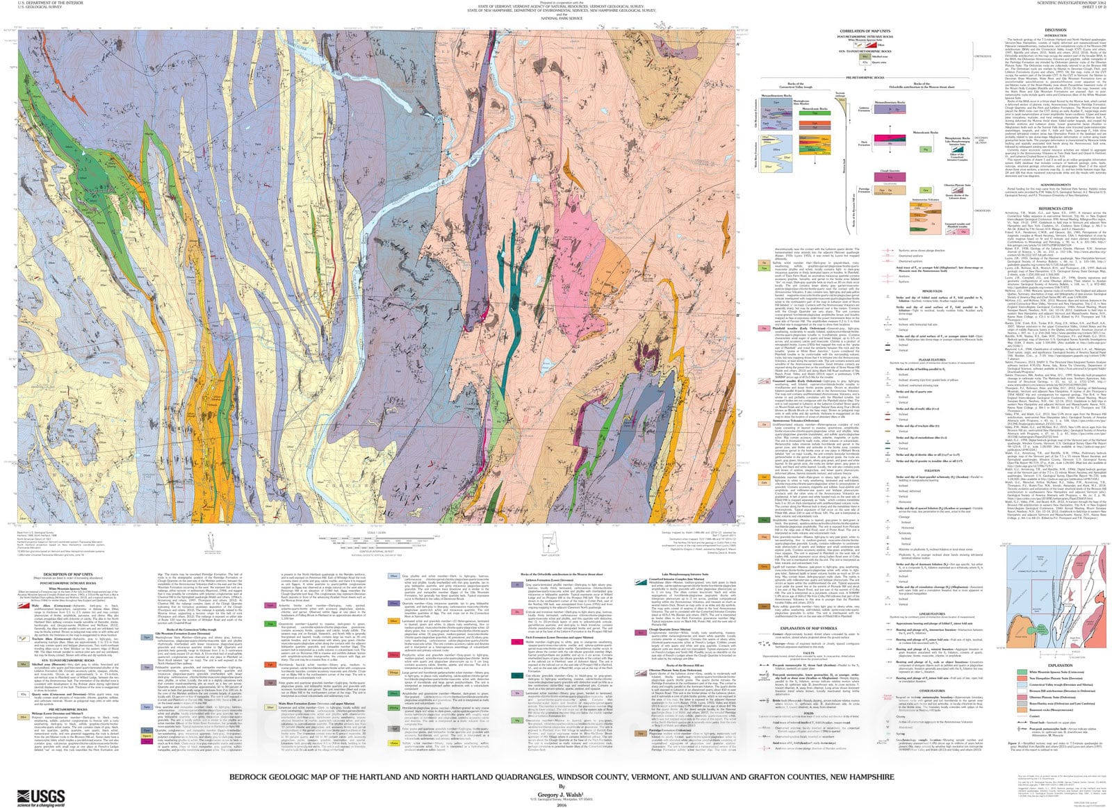 Map : Bedrock geologic map of the Hartland and North Hartland quadrangles, Windsor County, Vermont, and Sullivan and Grafton Counties, New Hampshire, 2016 Cartography Wall Art :