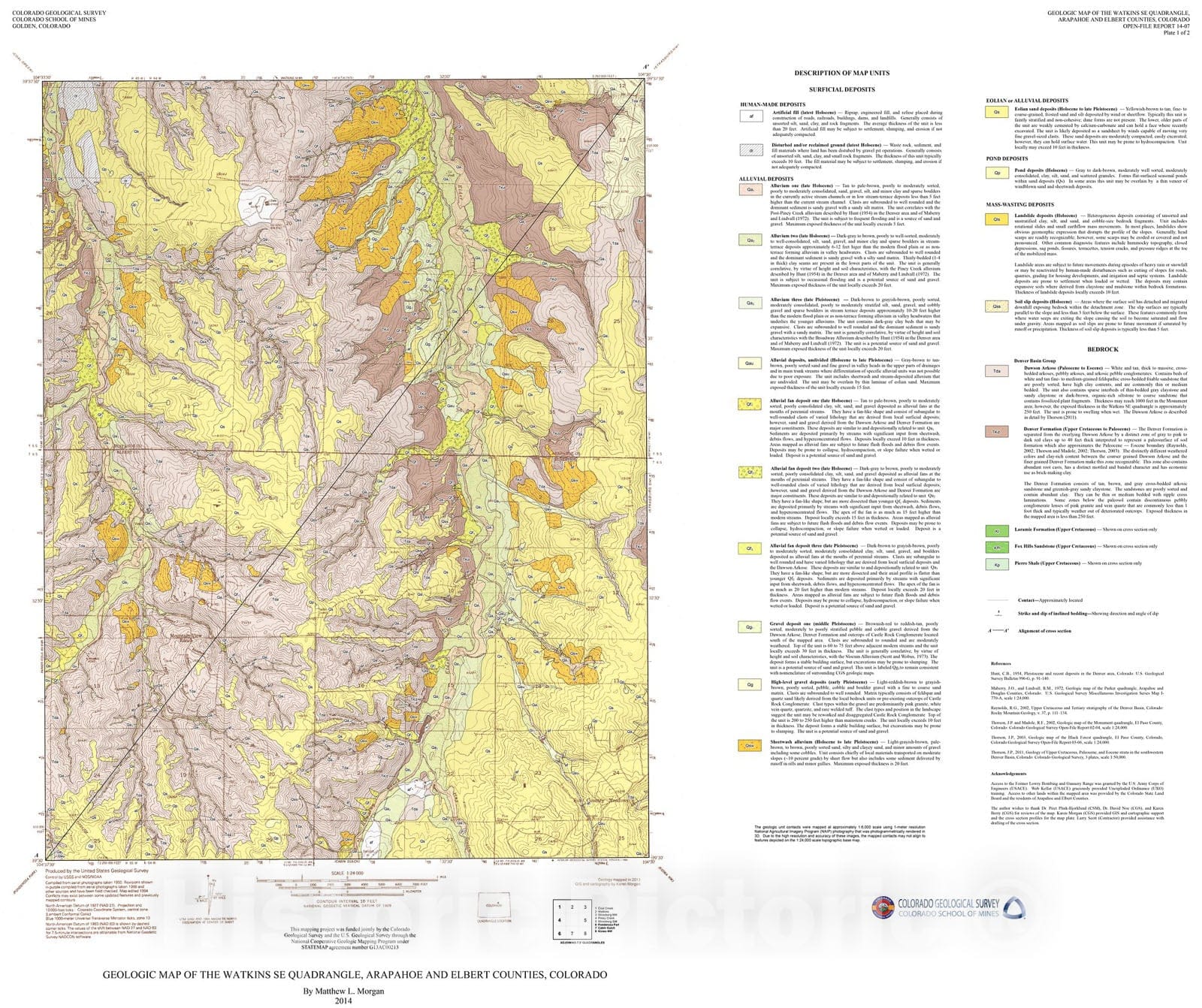 Map : Geologic Map of the Watkins SE quadrangle, Arapahoe and Elbert Counties, Colorado, 2014 Cartography Wall Art :