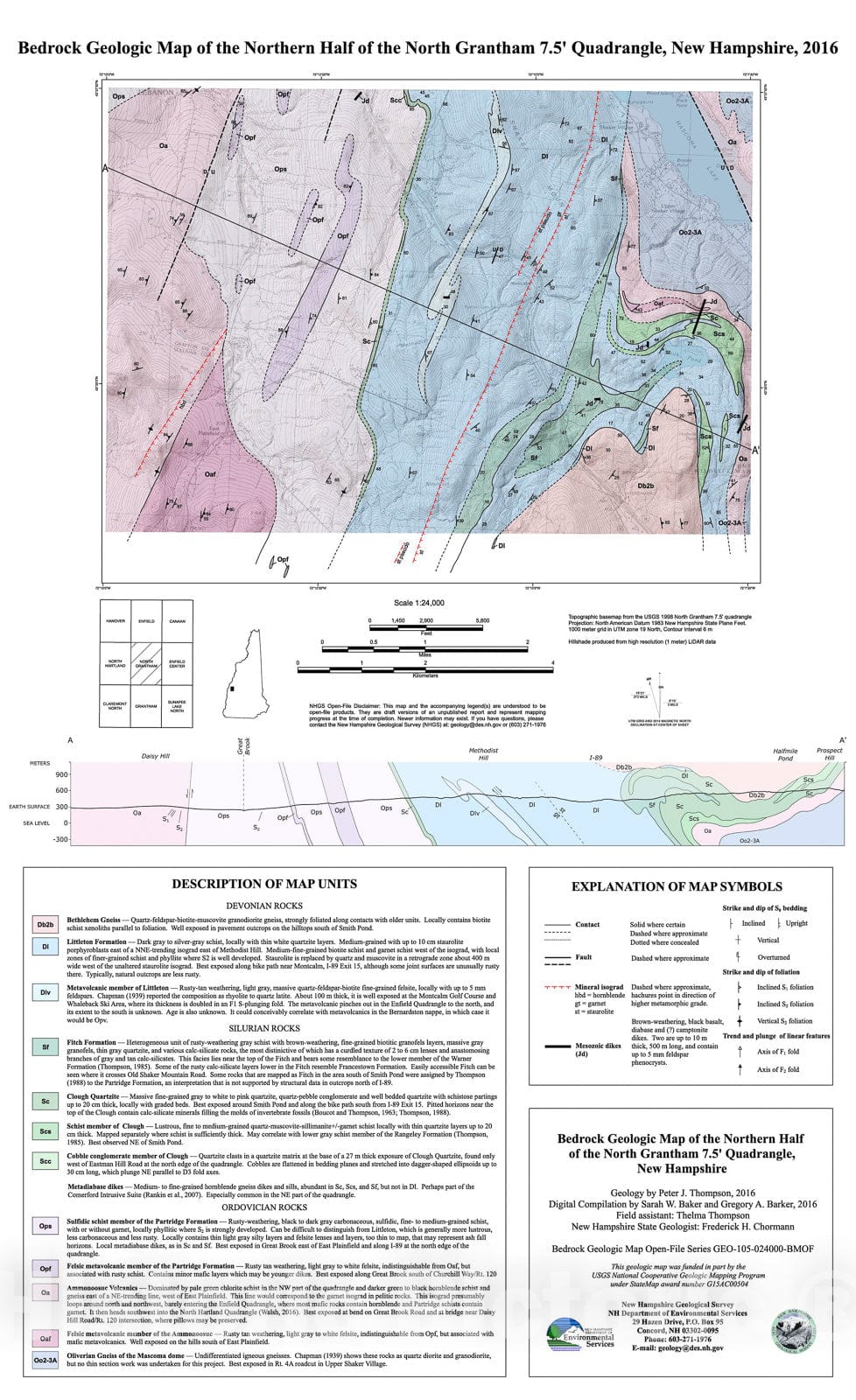 Map : Bedrock geologic map of the northern half of the North Grantham 7.5' quadrangle, New Hampshire, 2016 Cartography Wall Art :