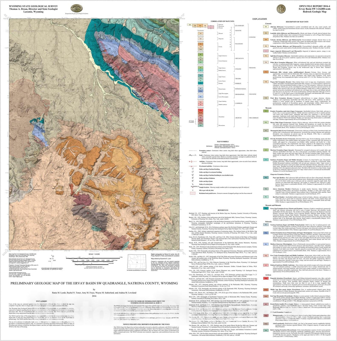 Map : Preliminary geologic map of the Ervay Basin SW quadrangle, Natrona County, Wyoming, 2016 Cartography Wall Art :