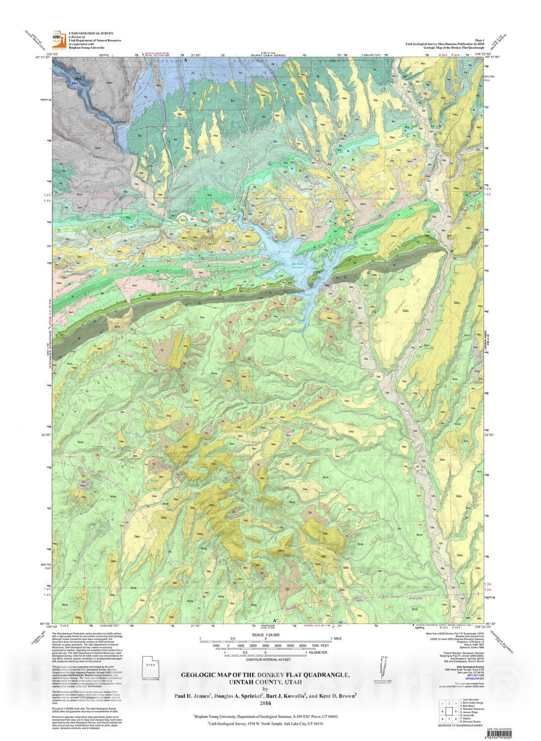 Map : Geologic map of the Donkey Flat quadrangle, Uintah County, Utah, 2016 Cartography Wall Art :