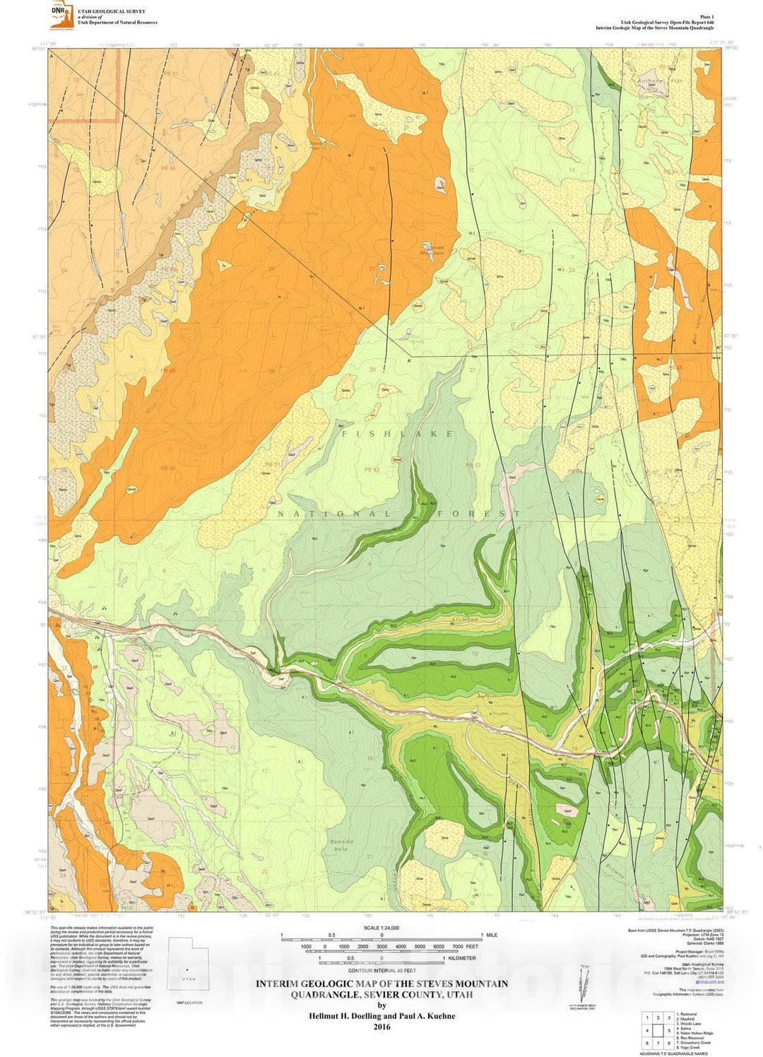 Map : Interim geologic map of the Steves Mountain quadrangle, Sevier County, Utah, 2016 Cartography Wall Art :