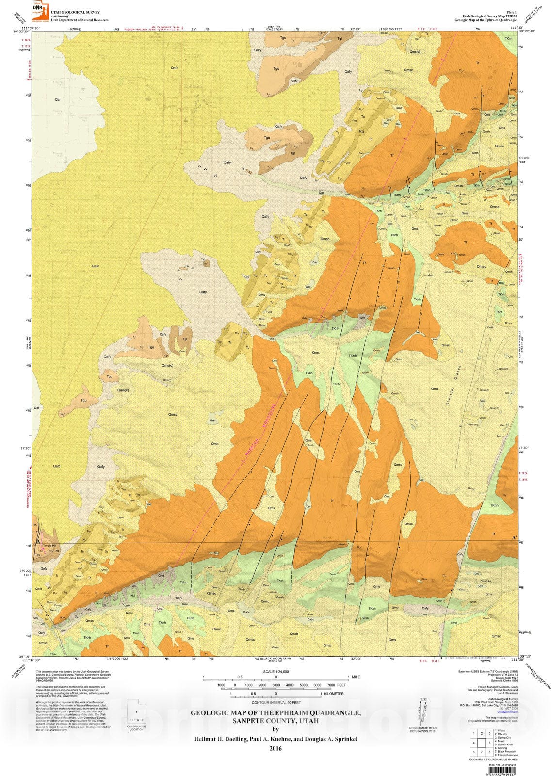 Map : Geologic map of the Ephraim quadrangle, Sanpete County, Utah, 2016 Cartography Wall Art :