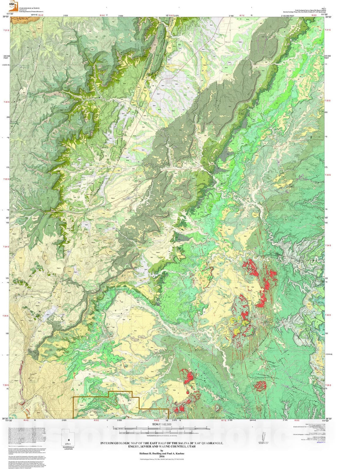 Map : Interim geologic map of the east half of the Salina 30' x 60' quadrangle, Emery, Sevier, and Wayne Counties, 2016 Cartography Wall Art :