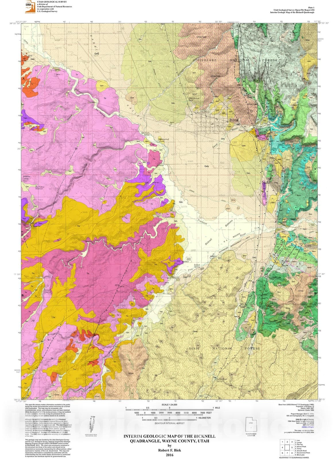 Map : Interim geologic map of the Bicknell quadrangle, Wayne County, Utah, 2016 Cartography Wall Art :