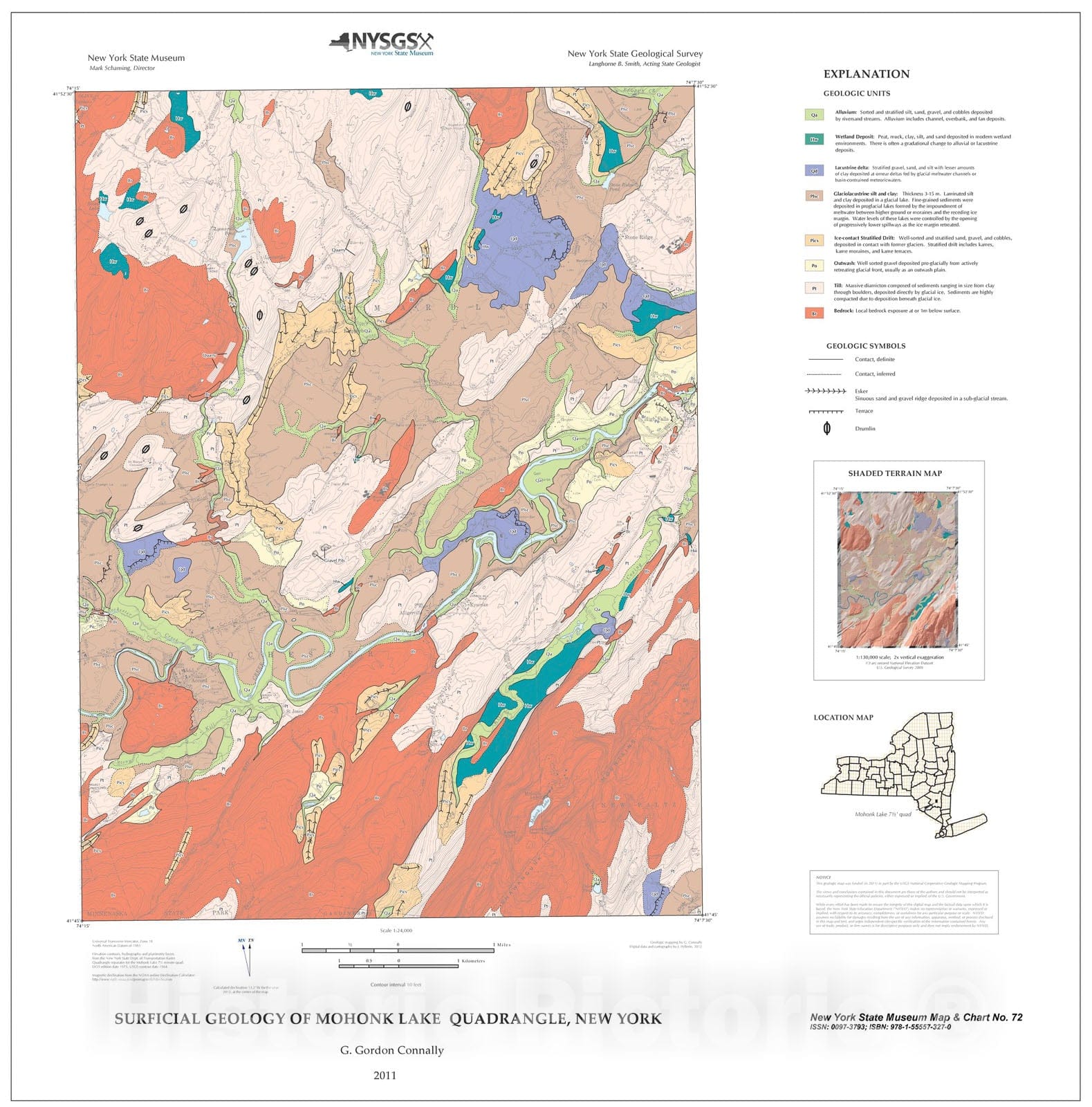 Map : Surficial Geology of the Mohonk Lake Quadrangle, New York, 2011 Cartography Wall Art :