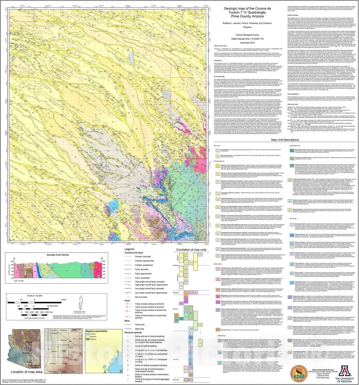 Map : Geologic Map of the Corona de Tucson seven 1/2' Quadrangle, Pima County, Arizona, 2016 Cartography Wall Art :