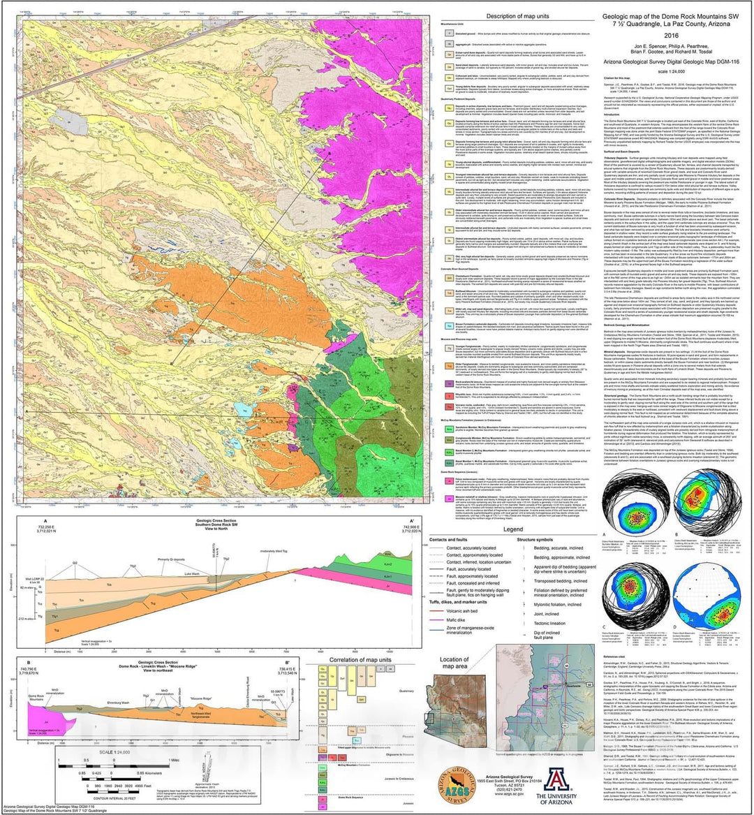 Map : Geologic Map of the Dome Rock Mountains SW seven 1/2' Quadrangle, La Paz County, Arizona, 2016 Cartography Wall Art :