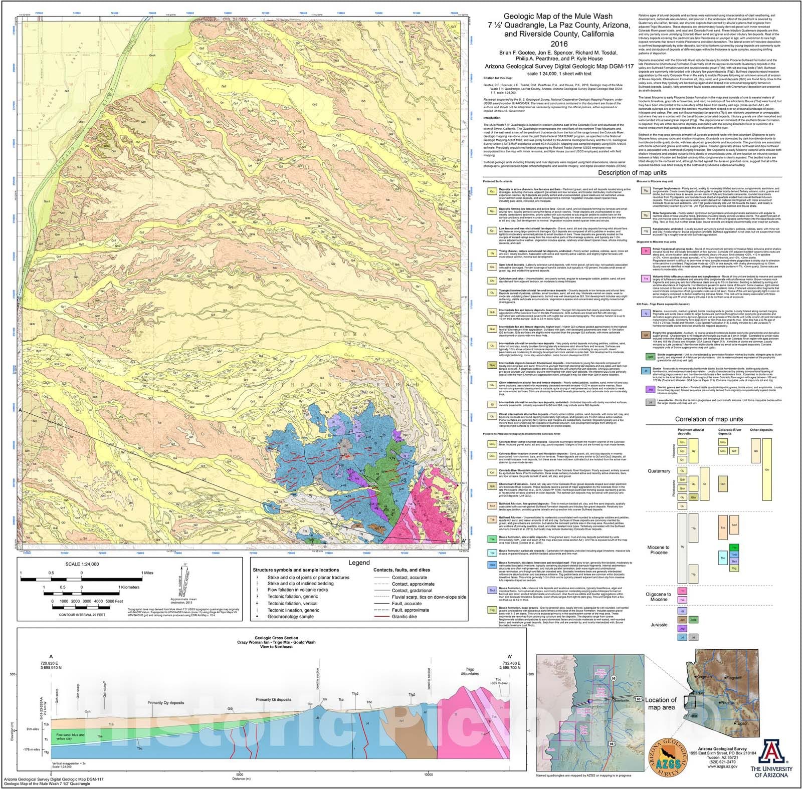 Map : Geologic Map of the Mule Wash seven 1/2' Quadrangle, La Paz County, Arizona, and Riverside County, California, 2016 Cartography Wall Art :