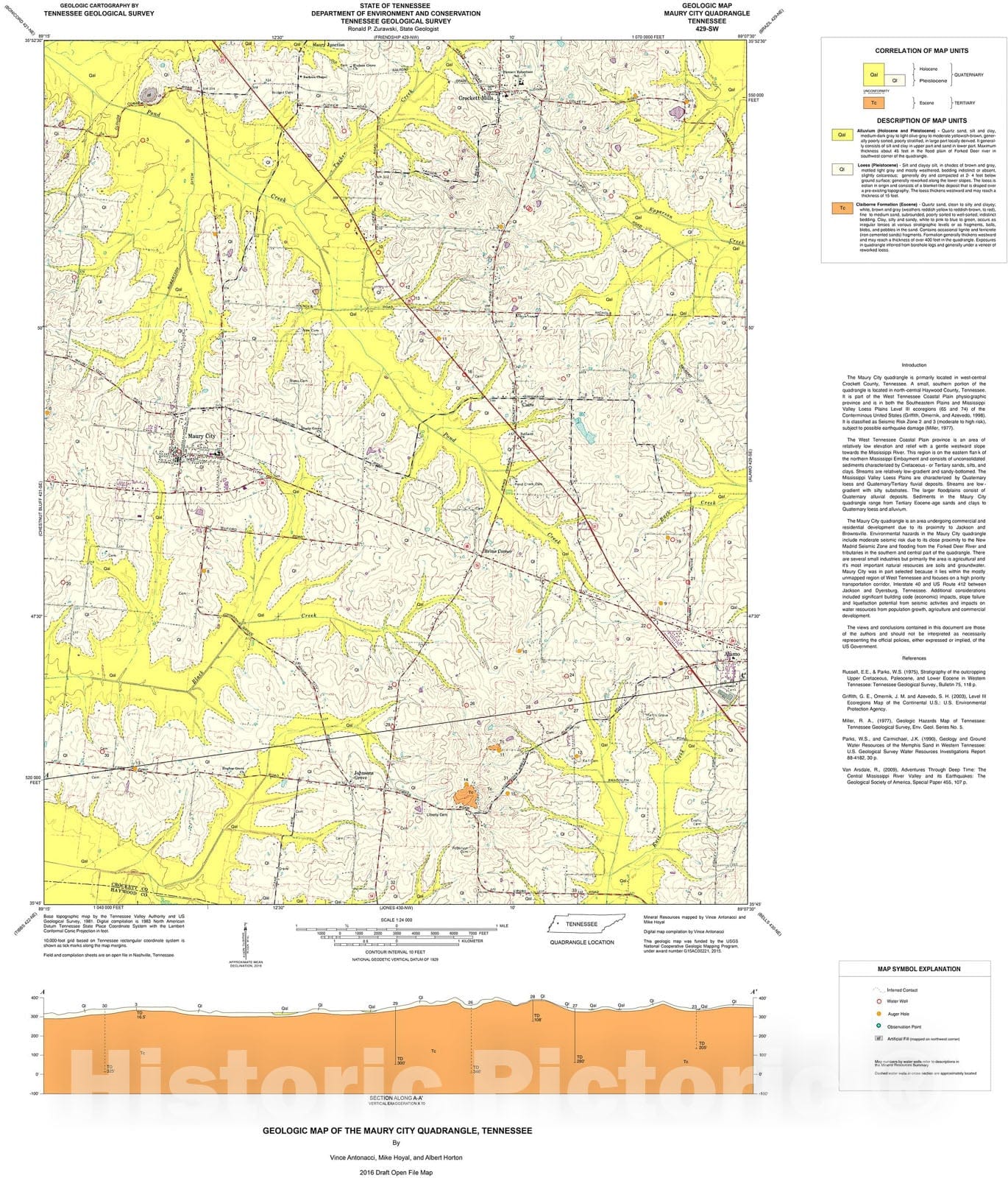 Map : Geologic map of the Maury City quadrangle, Tennessee, 2016 Cartography Wall Art :