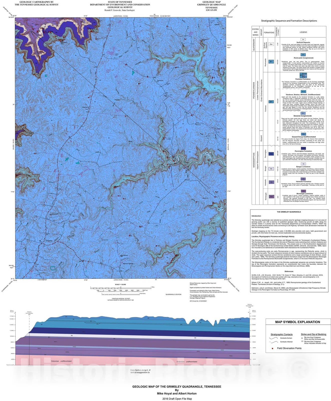 Map : Geologic map of the Grimsley quadrangle, Tennessee, 2016 Cartography Wall Art :