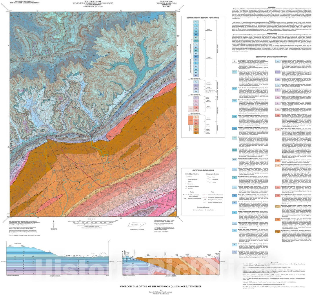 Map : Geologic map of the Windrock quadrangle, Tennessee, 2016 Cartography Wall Art :