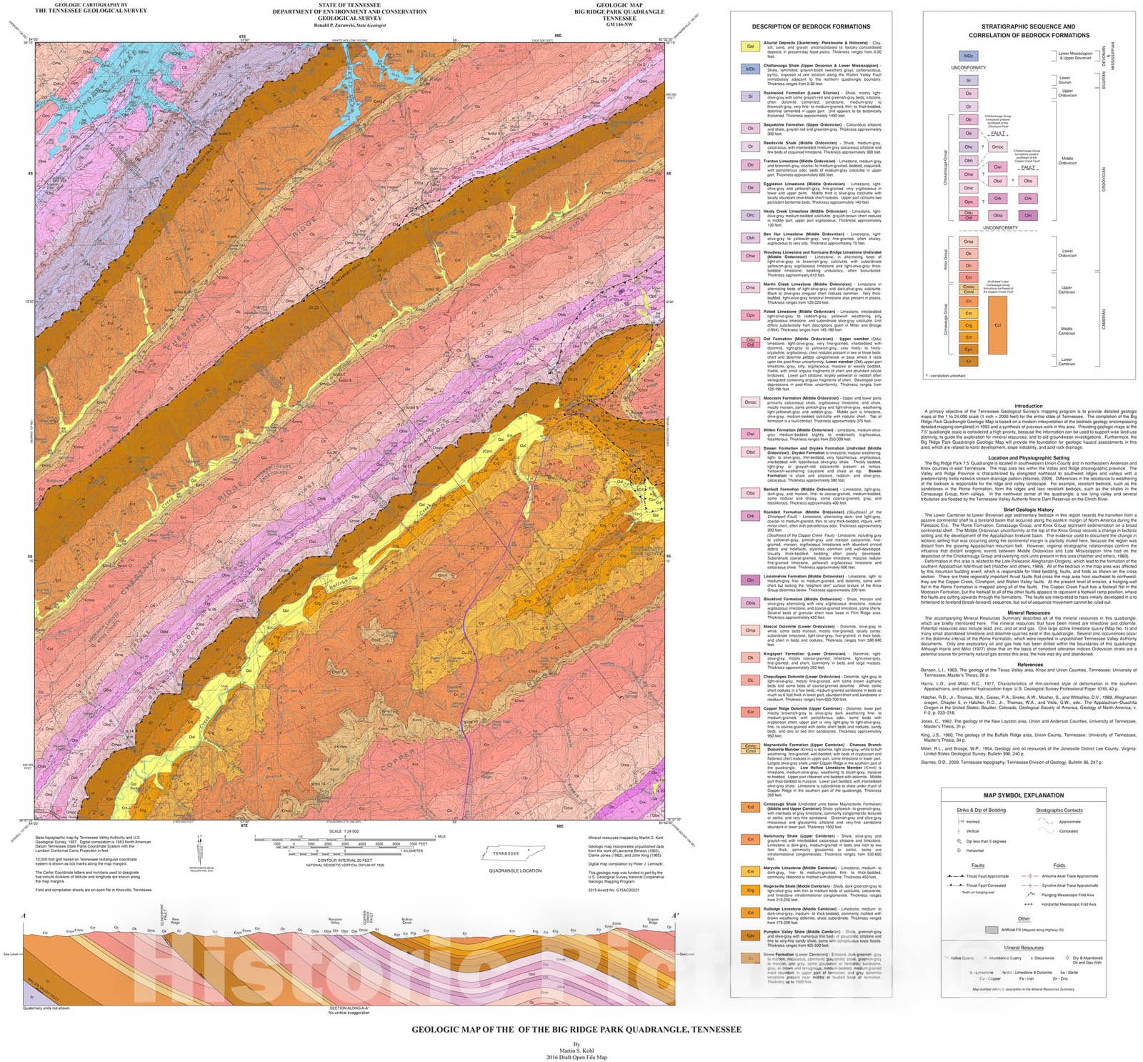 Map : Geologic map of the Big Ridge Park quadrangle, Tennessee, 2016 Cartography Wall Art :