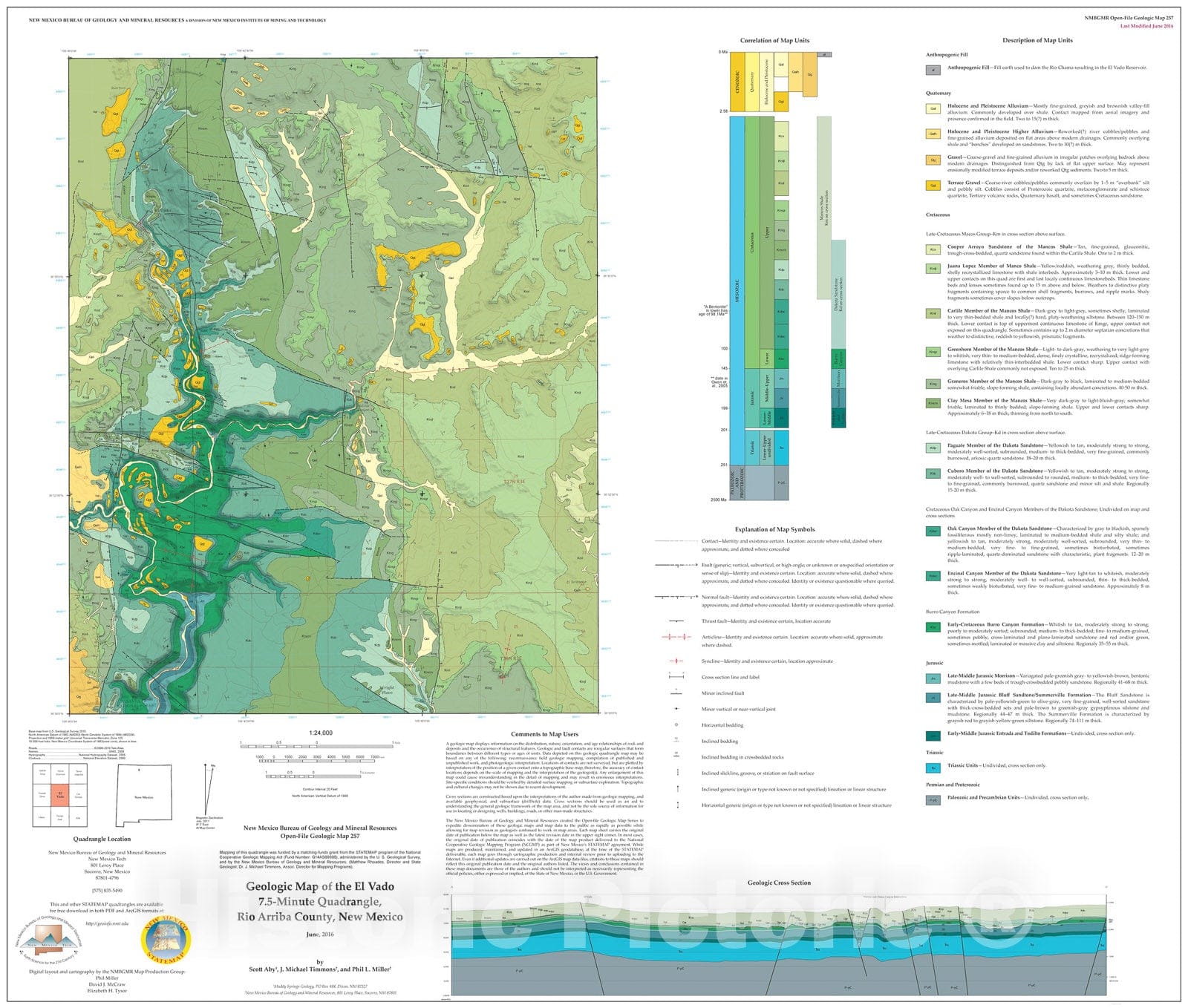 Map : Geologic Map of the El Vado 7.5-Minute Quadrangle, Rio Arriba County, New Mexico, 2016 Cartography Wall Art :