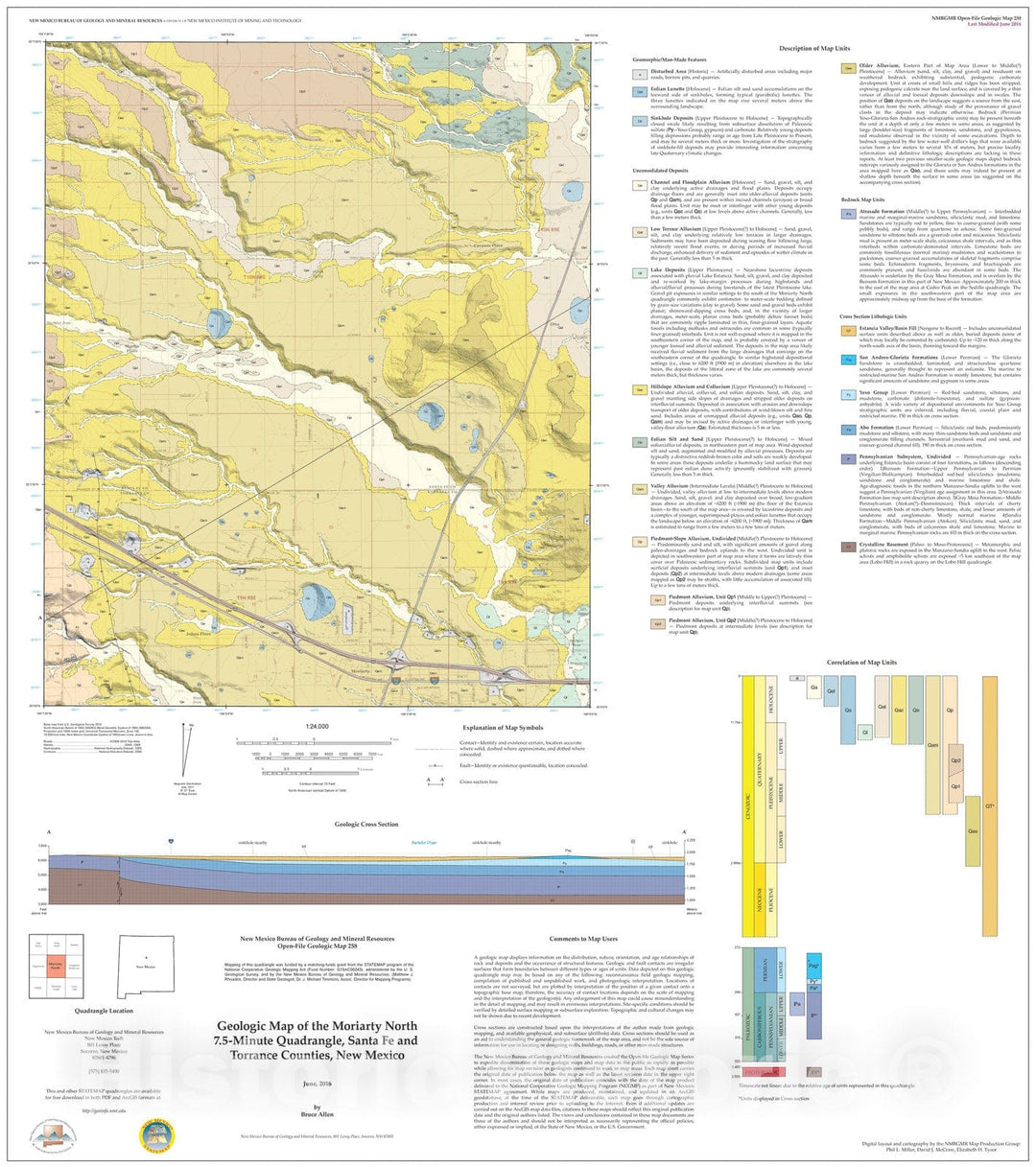 Map : Geologic Map of the Moriarty North 7.5-Minute Quadrangle, Santa Fe and Torrance Counties, New Mexico, 2016 Cartography Wall Art :