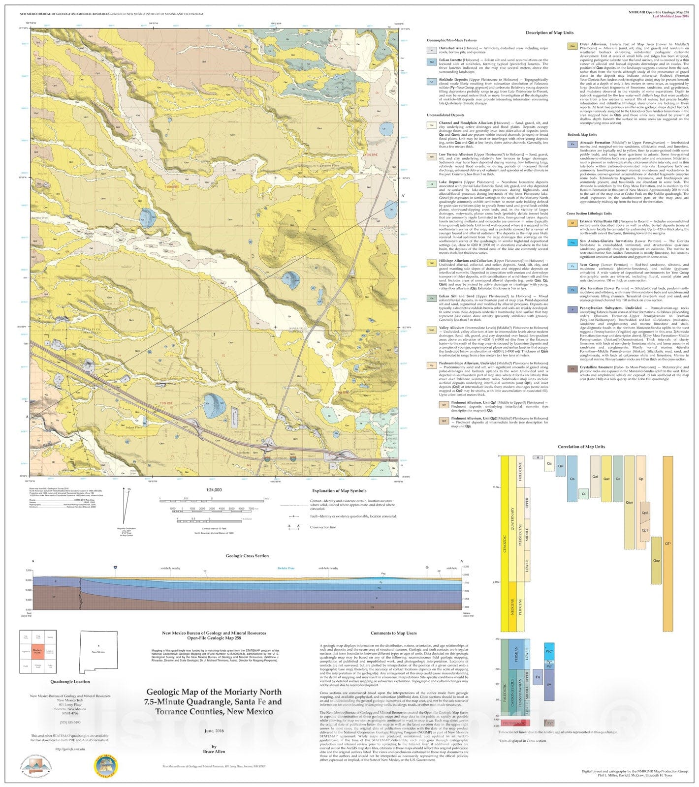 Map : Geologic Map of the Moriarty North 7.5-Minute Quadrangle, Santa Fe and Torrance Counties, New Mexico, 2016 Cartography Wall Art :