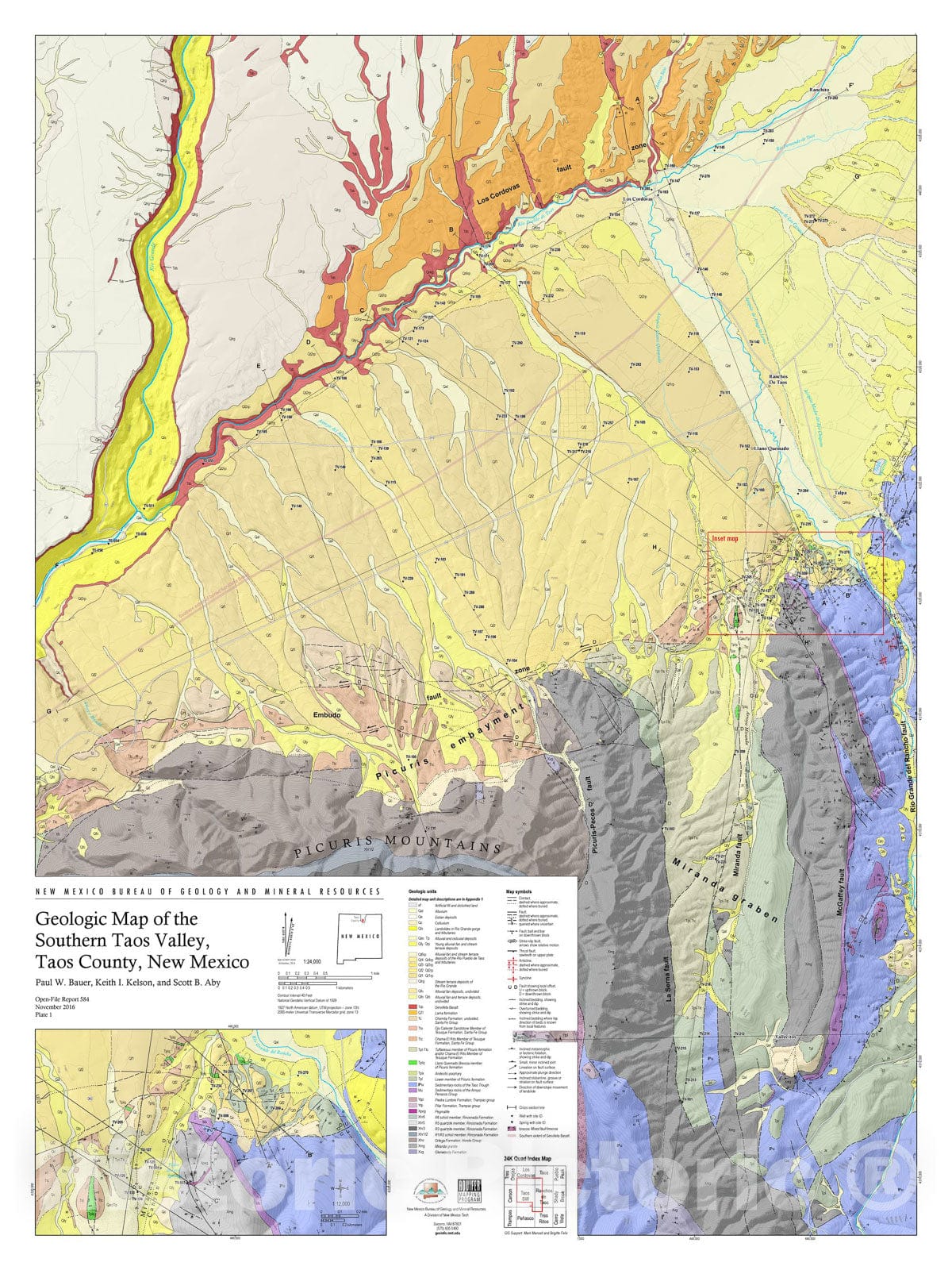 Map : Geologic map and cross sections of the Embudo Fault Zone in the southern Taos Valley, Taos County, New Mexico, 2016 Cartography Wall Art :