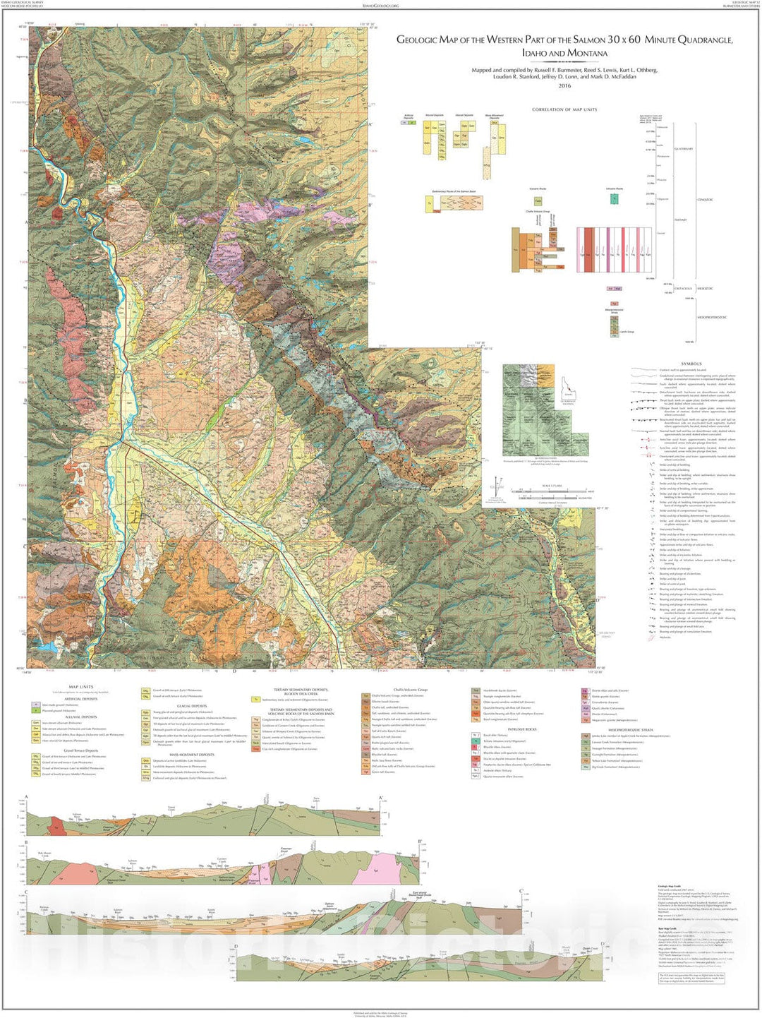 Map : Geologic Map of the Western Part of the Salmon thirty X sixty Minute Quadrangle, Idaho and Montana, 2016 Cartography Wall Art :