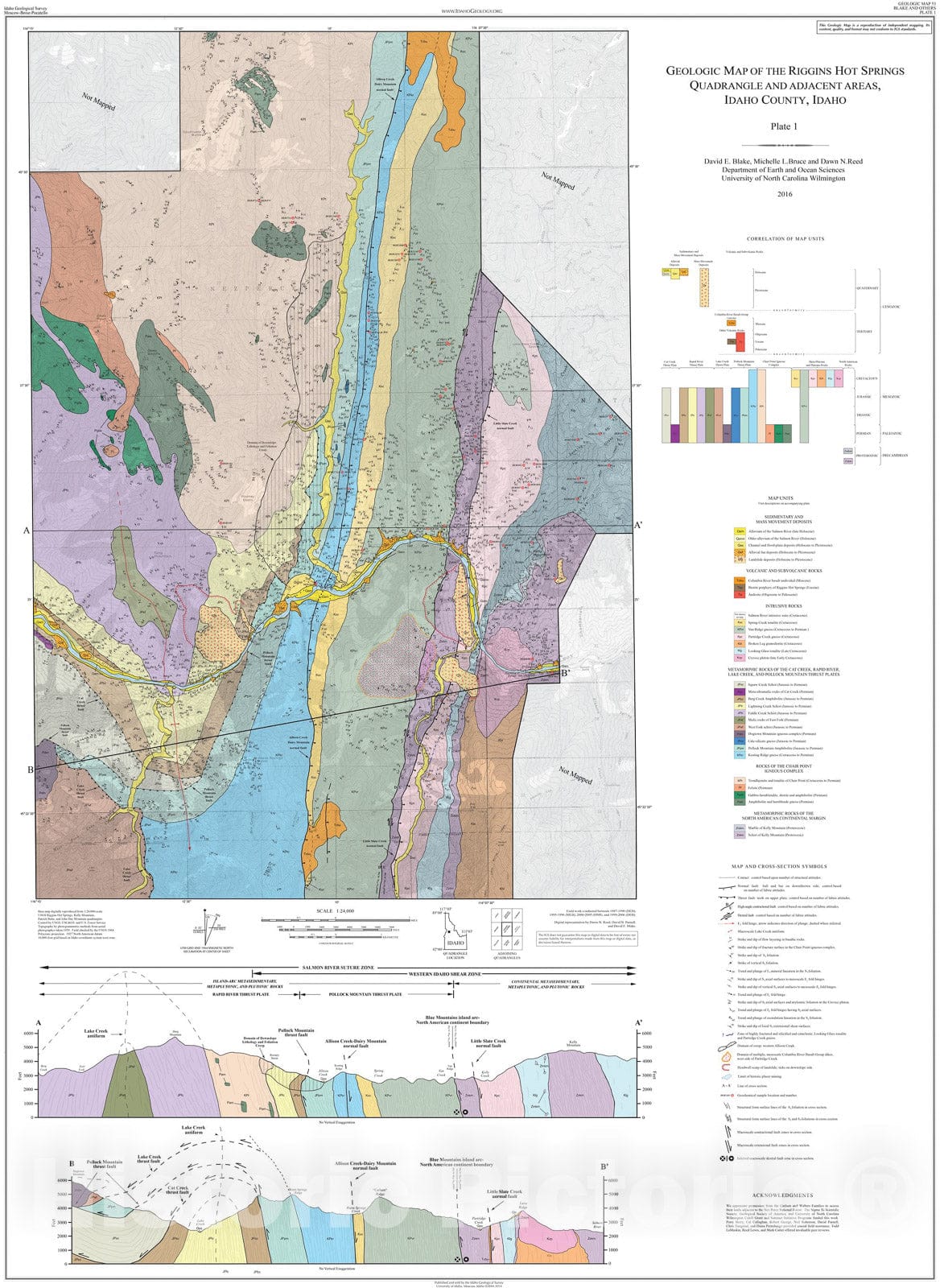 Map : Geologic Map of the Riggins Hot Springs Quadrangle and Adjacent Areas, Idaho County, Idaho, 2016 Cartography Wall Art :