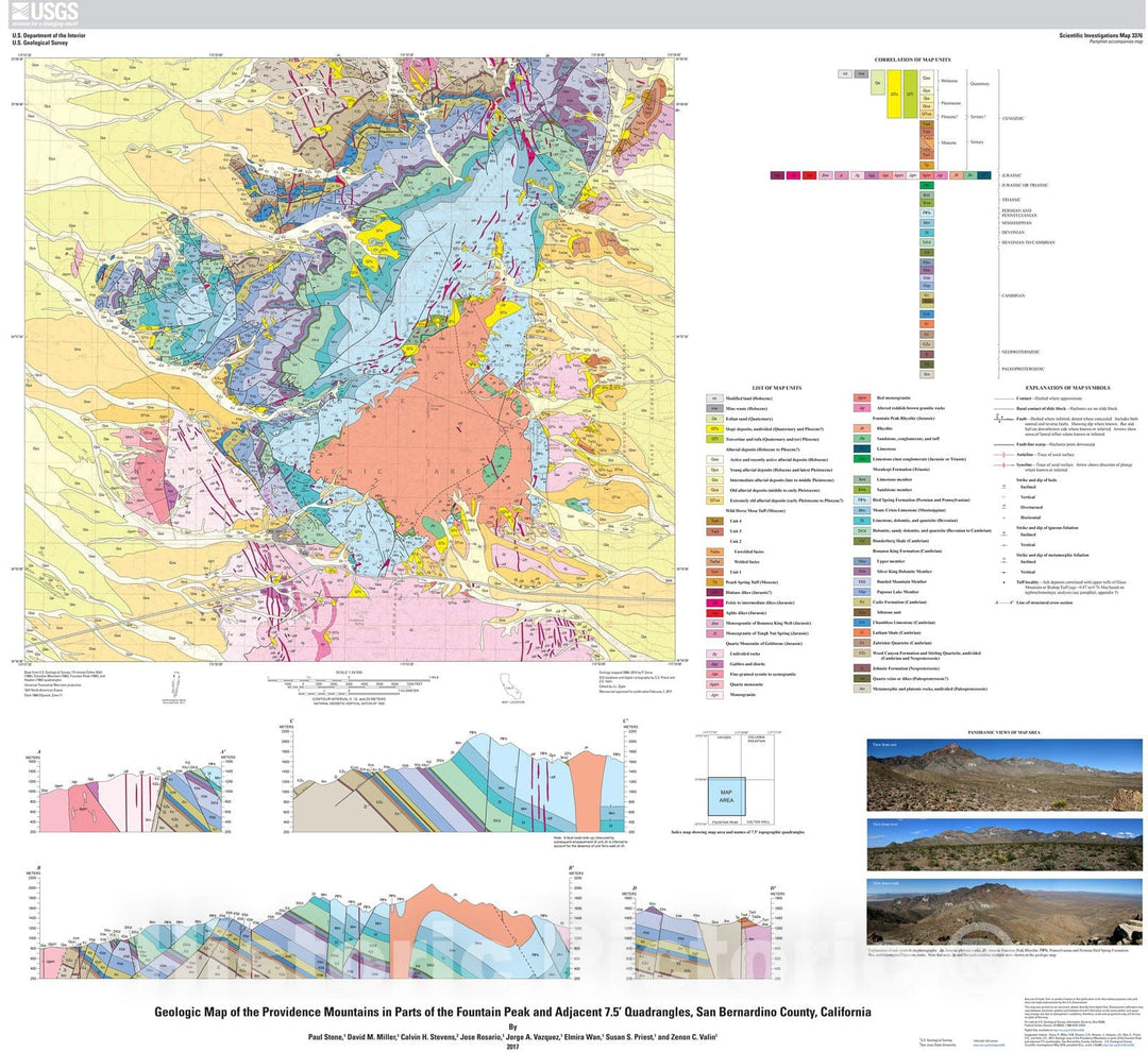 Map : Geologic map of the Providence Mountains in parts of the Fountain Peak and adjacent 7.5' quadrangles, San Bernardino County, California, 2017 Cartography Wall Art :